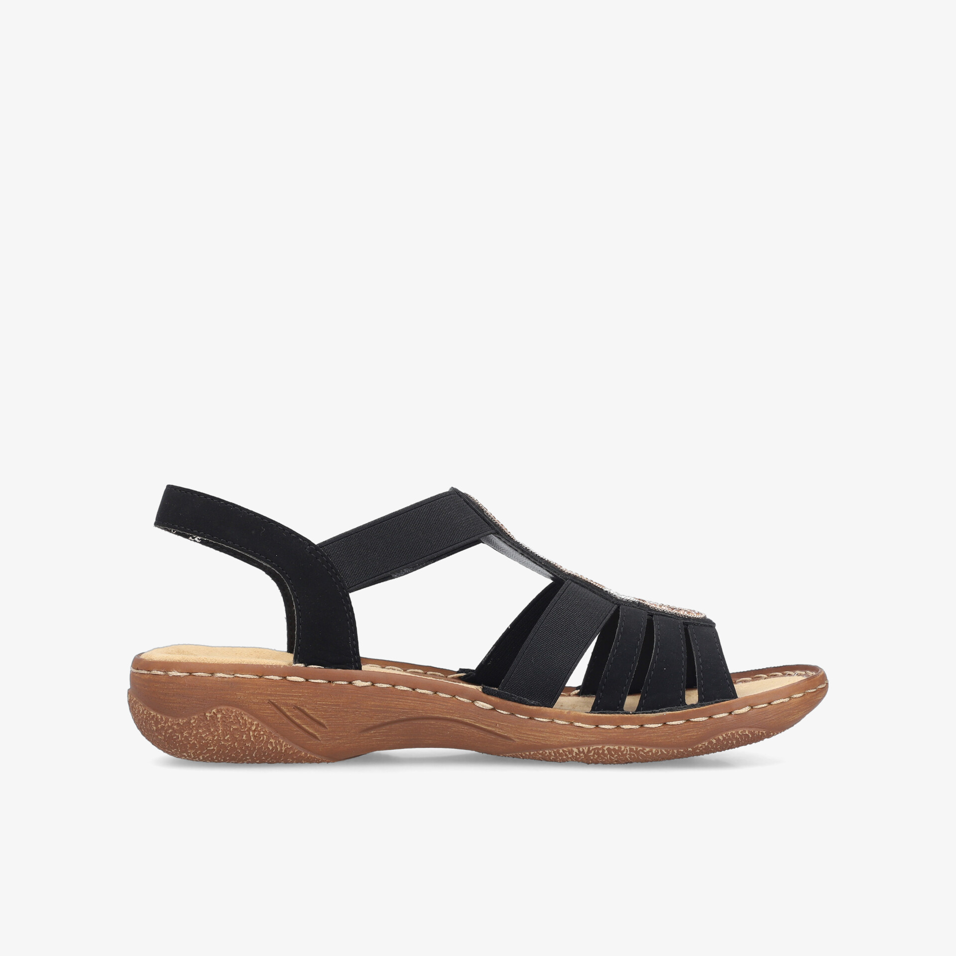 Schwarzer Sandalenschuh mit flexiblen Riemen und bequemer, rutschfester Sohle, seitliche Ansicht