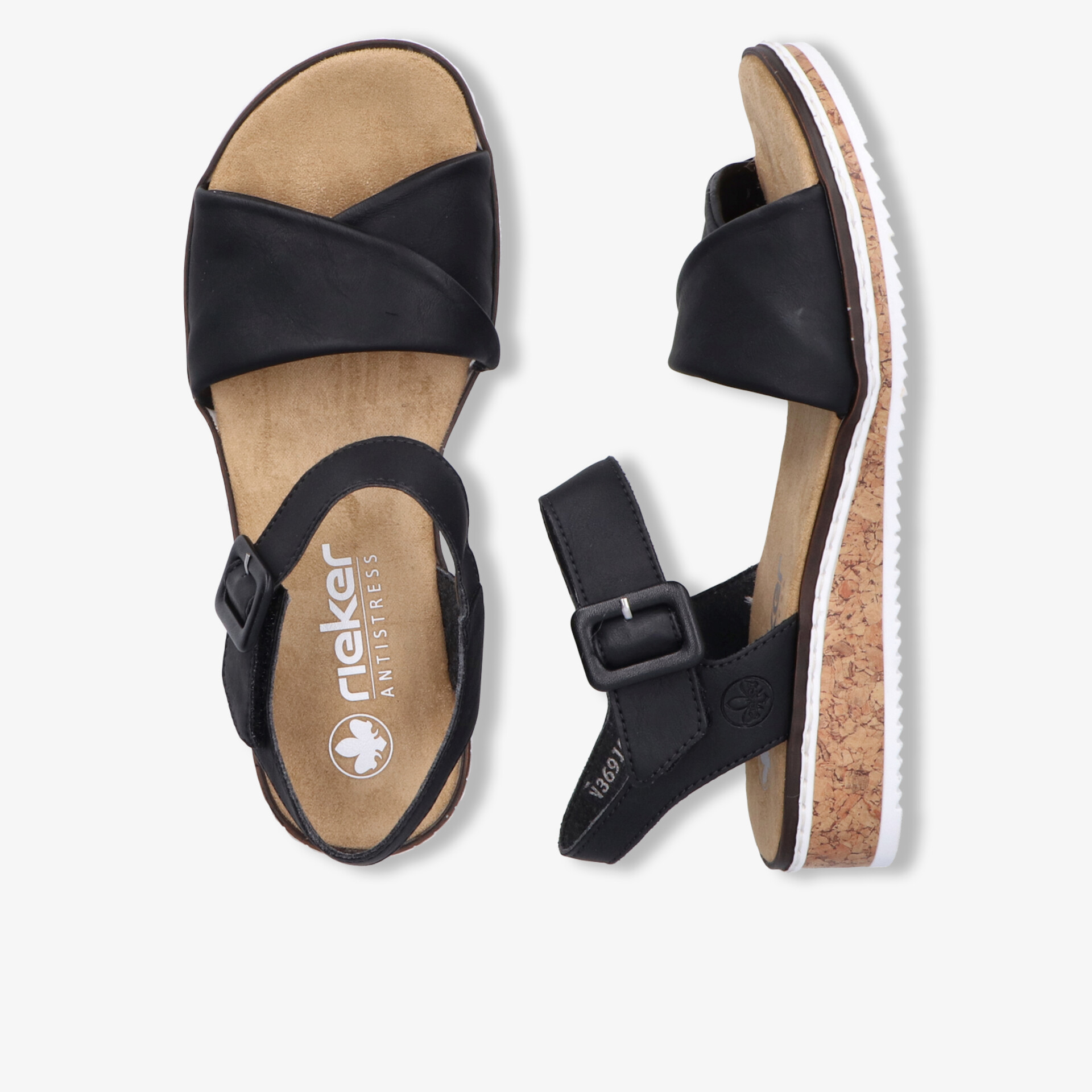 Komfortable schwarze Sandale mit verstellbarem Riemen und korkähnlicher Sohle für angenehmes Tragegefühl