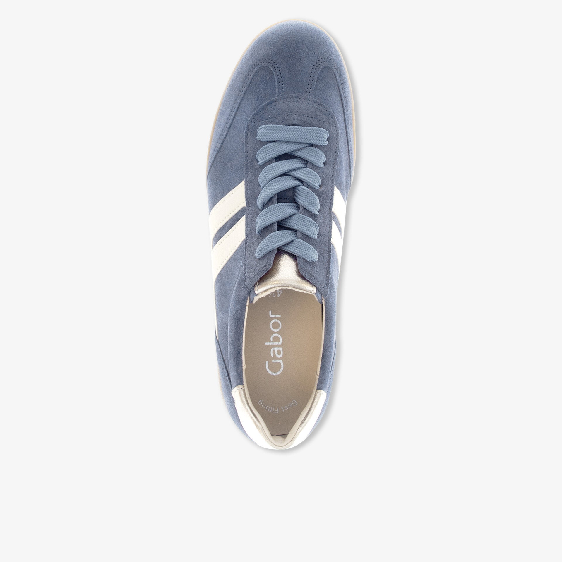 Bequemer blauer Gabor Sneaker mit weißen Streifen und stilvollem Design von oben.