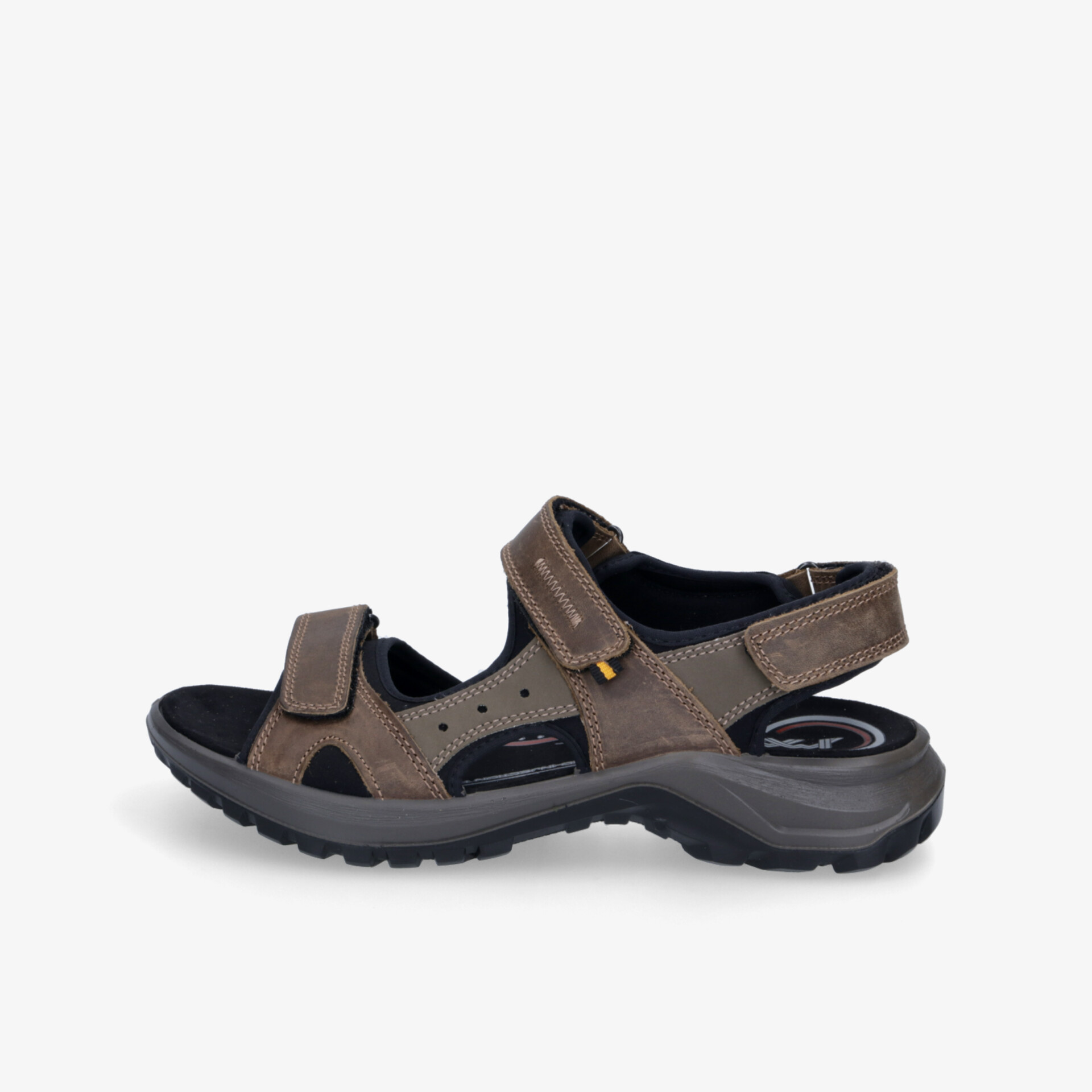 Robuste und bequeme Sandale mit verstellbaren Klettverschlüssen und stabiler, flexibler Sohle, seitliche Ansicht