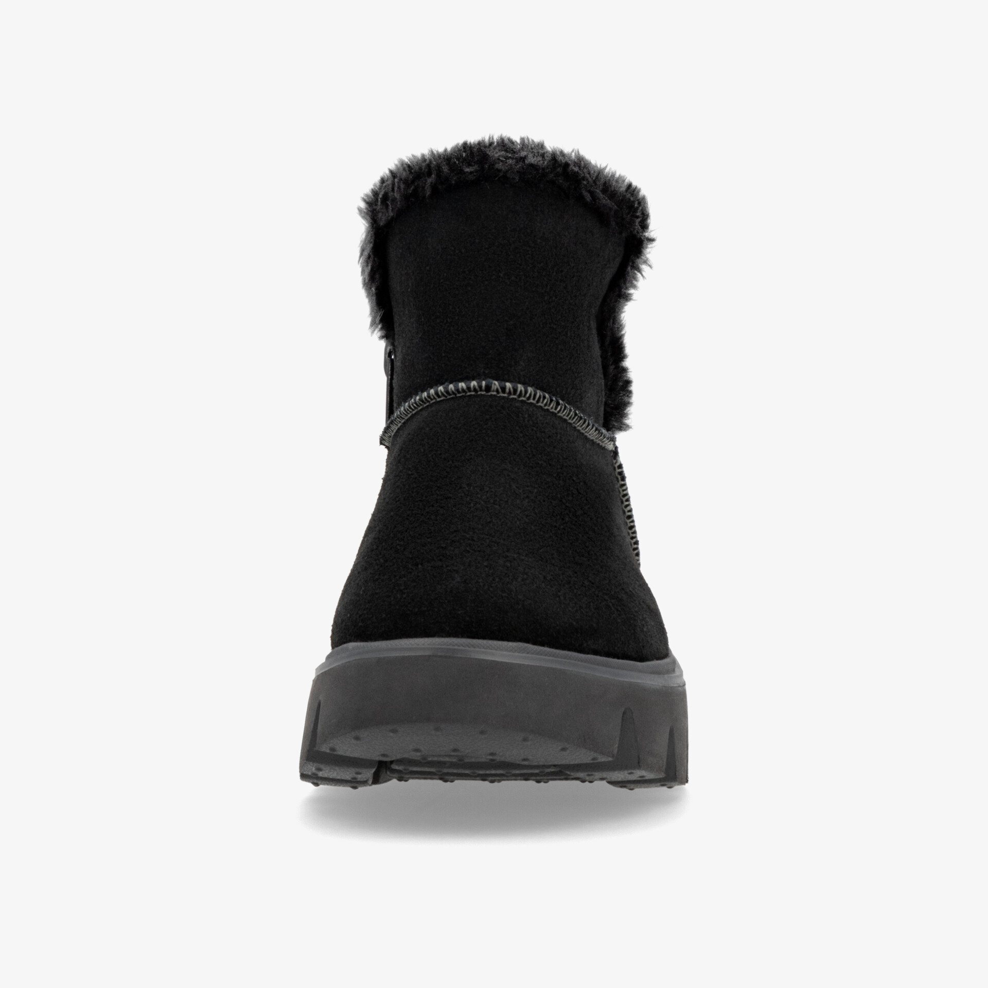 Schwarzer Winterschuh mit warmem Innenfutter und robustem, leicht erhöhtem Absatz in klarer Rückansicht