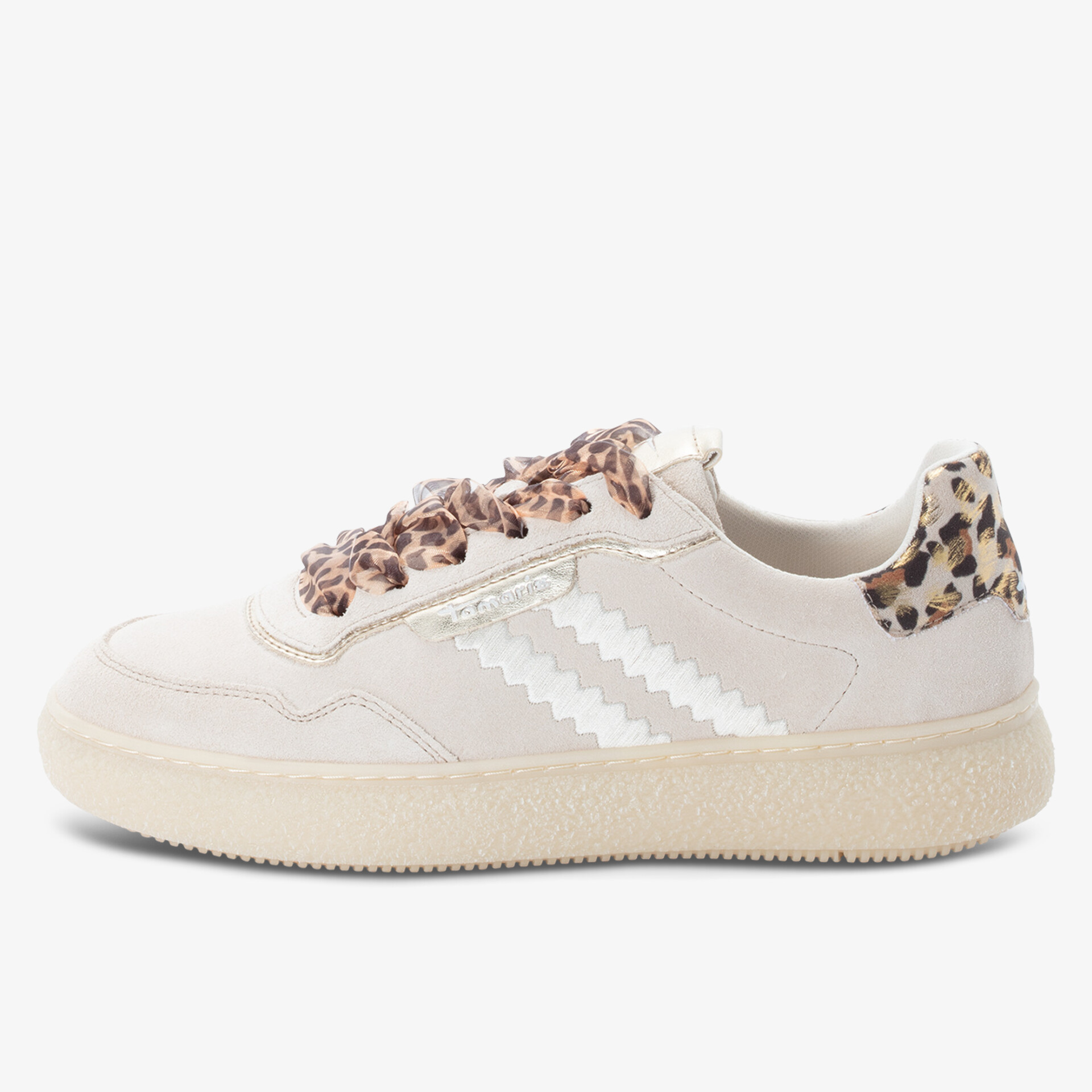 Heller Sneaker mit Leopardenmuster an Ferse und gemusterten Schnürsenkeln, sportlich und modisch