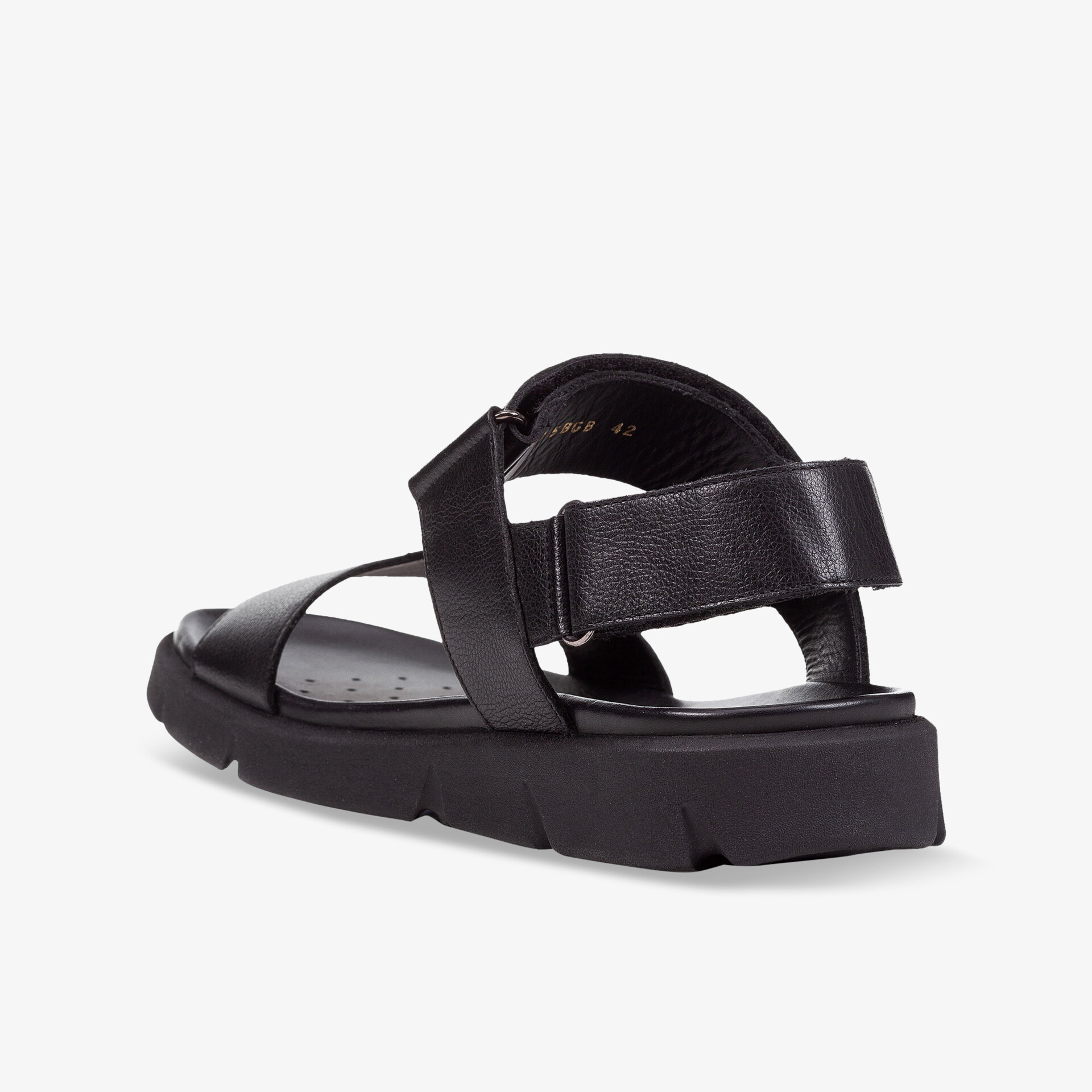 Elegante schwarze Sandale mit bequemer Sohle und verstellbarem Klettverschluss, perfekt für den Alltag.
