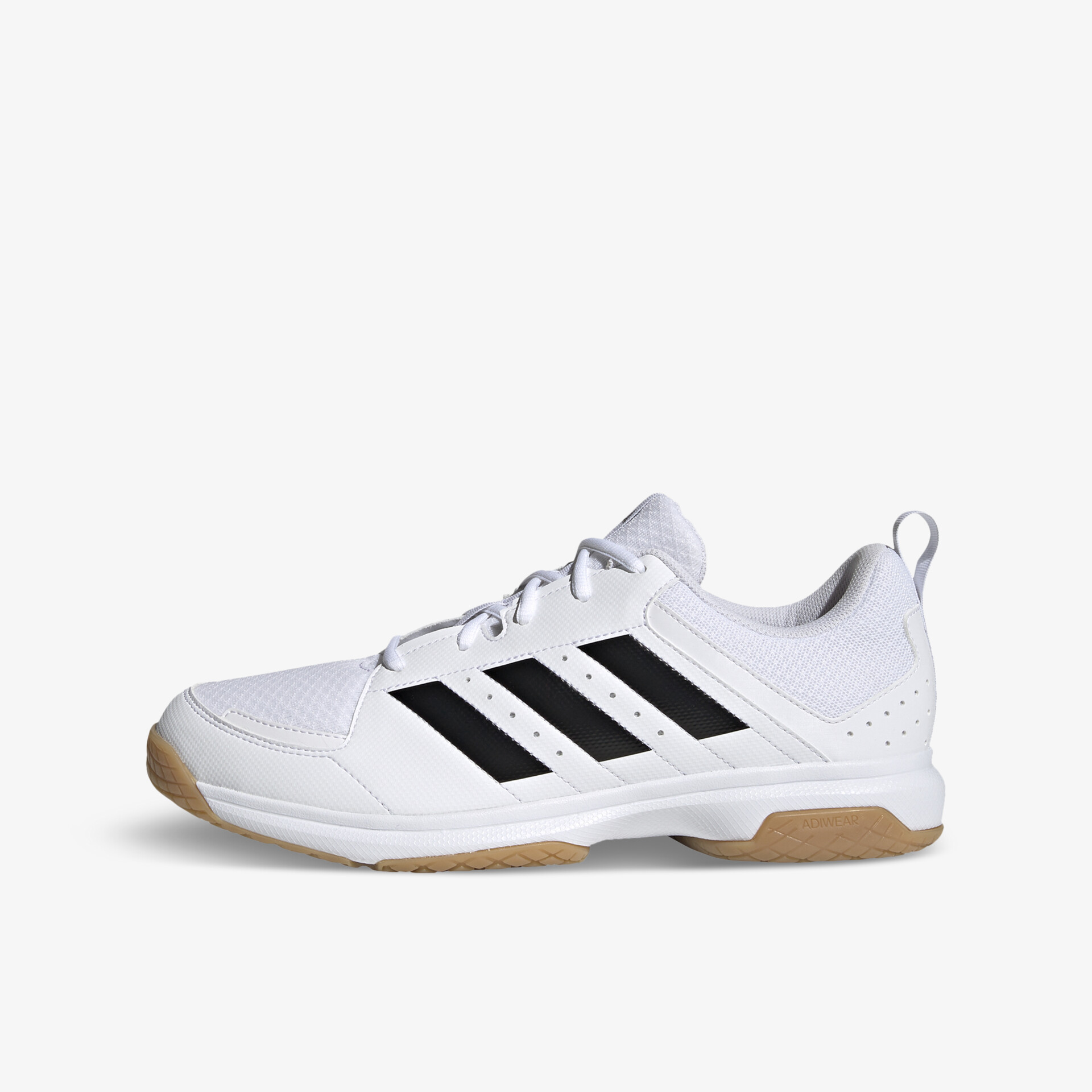 Sportlicher weißer Schuh mit schwarzem Streifendetail und rutschfester Sohle in klarer Seitenansicht