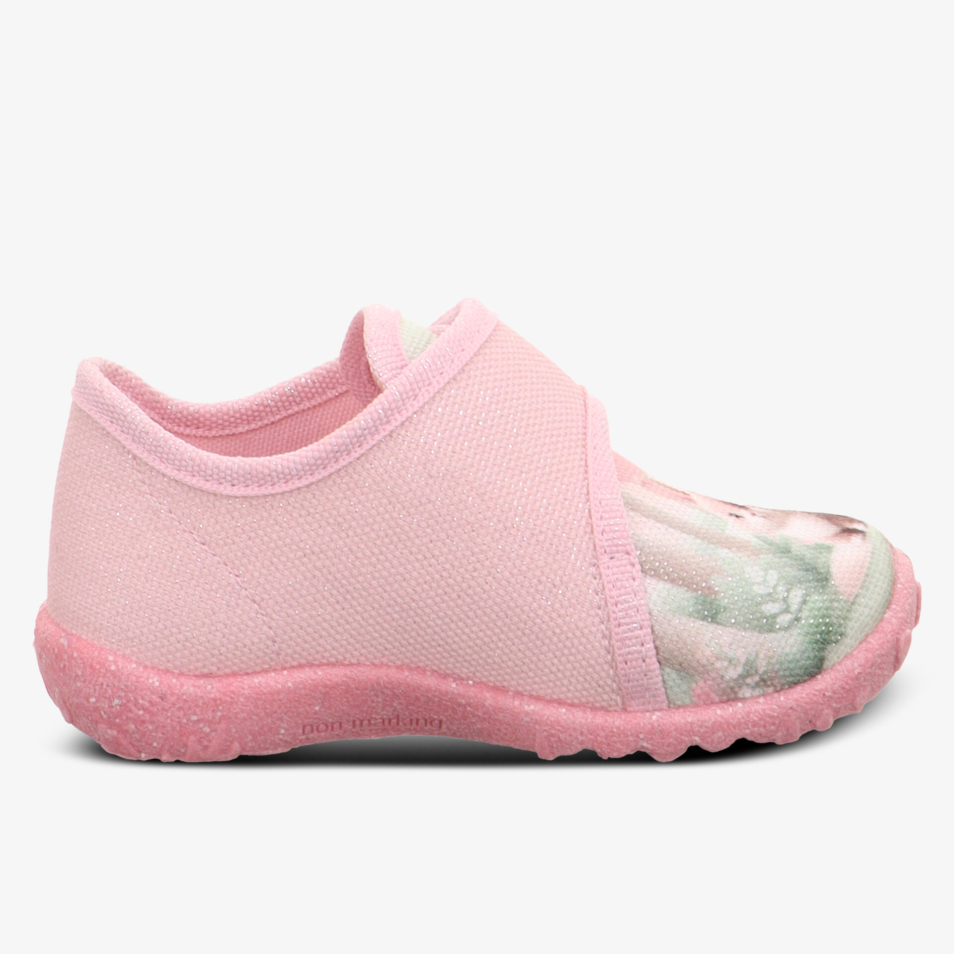 Bequemer Babyschuh mit weichem rosa Stoff und rutschfester, flexibler Sohle für den Alltag
