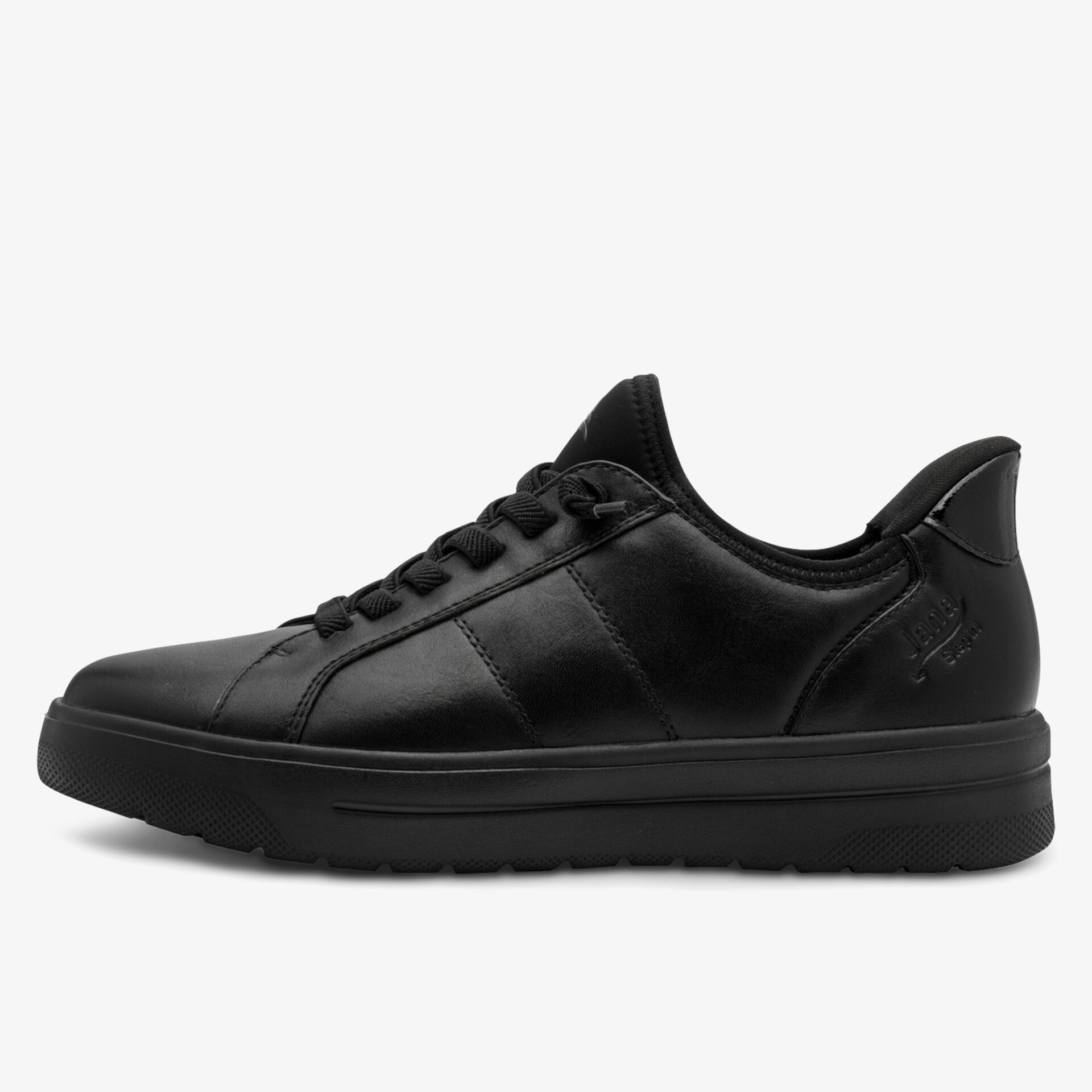 Schwarzer Sneaker mit glatter Oberfläche und Schnürsenkeln, sportlich und bequem mit flexibler Sohle