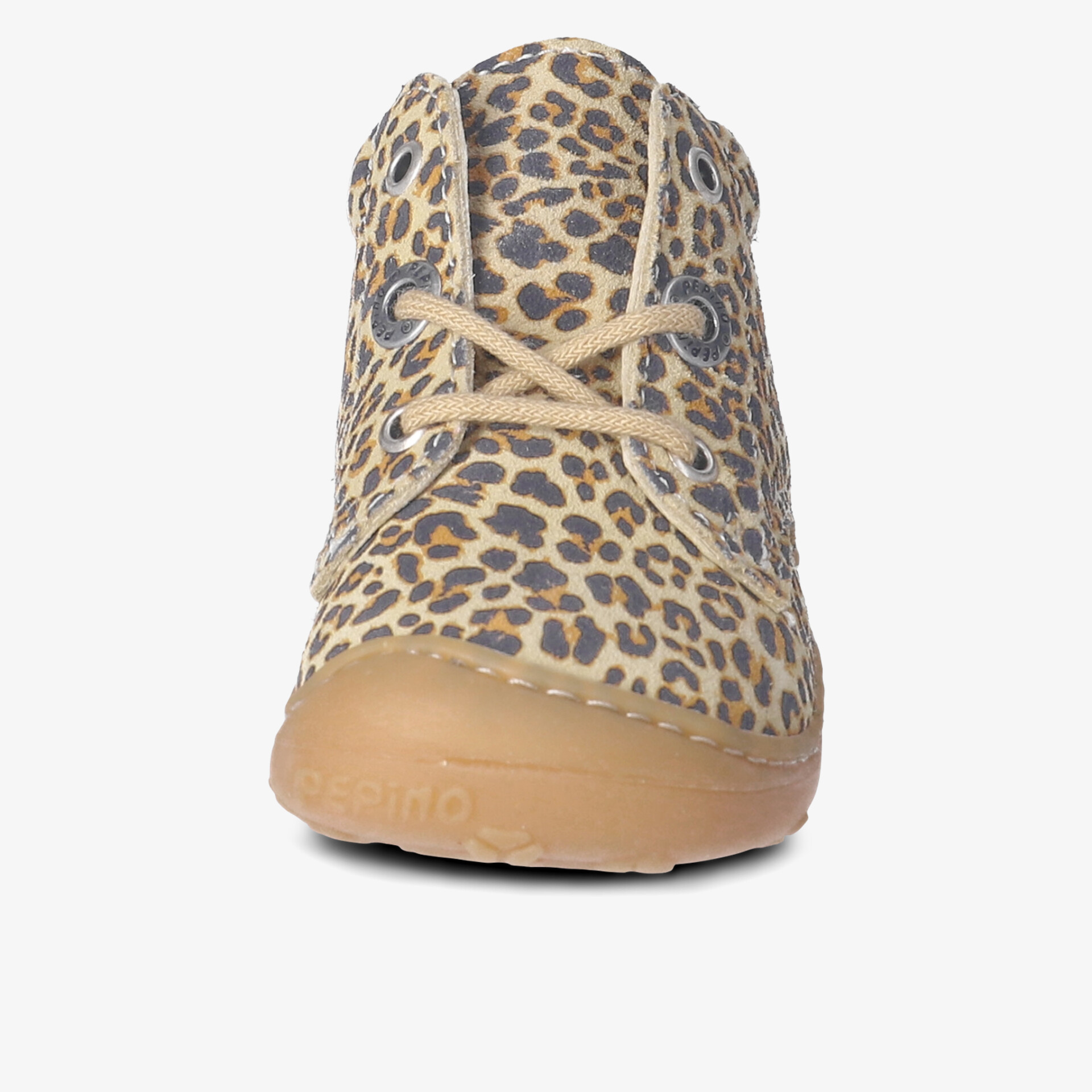 Front view of a leopard print sneaker with gum sole and lace-up design, showcasing casual and comfortable style