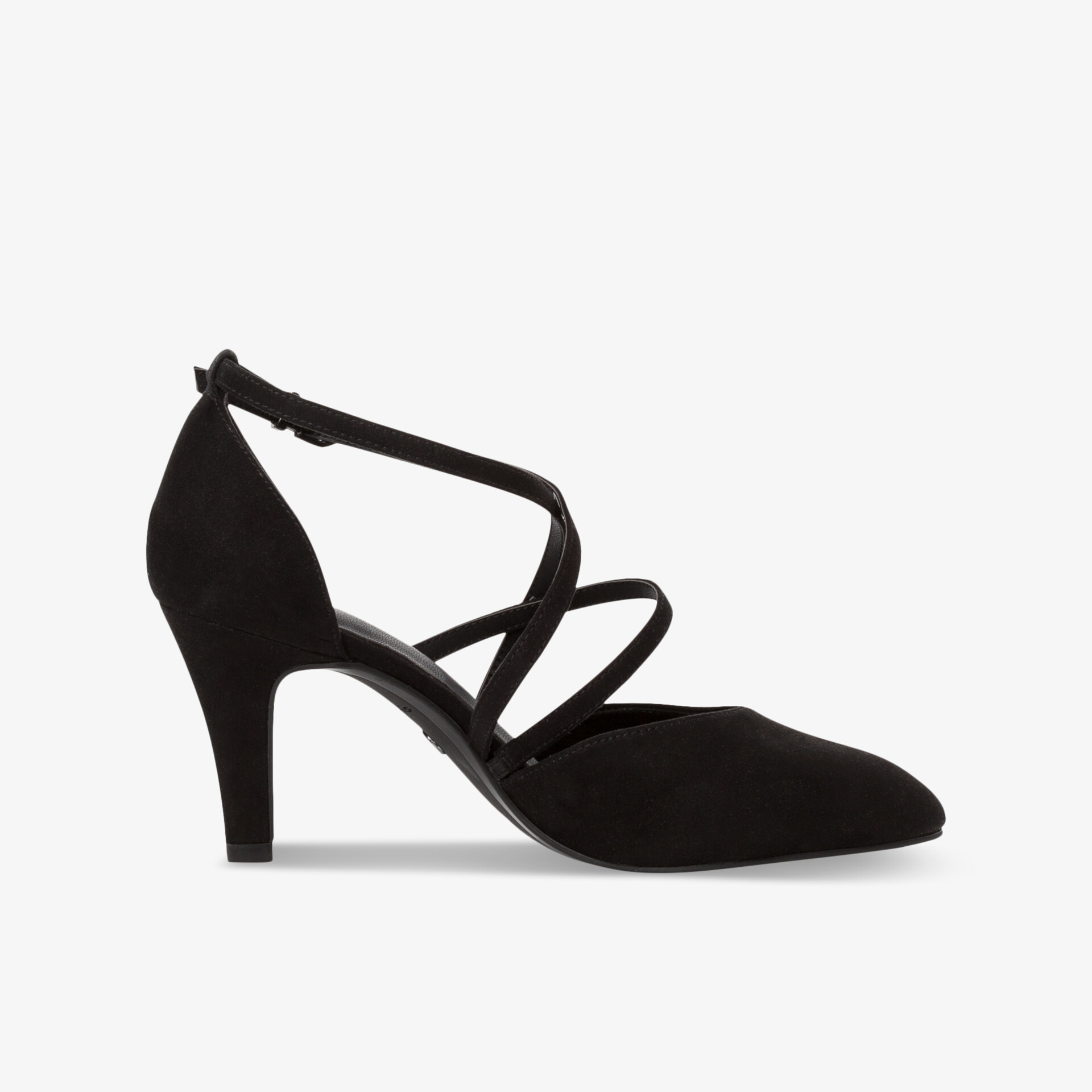 Elegante schwarze Pumps mit Crossover-Riemen und Wildleder-Optik, ideal für besondere Anlässe.