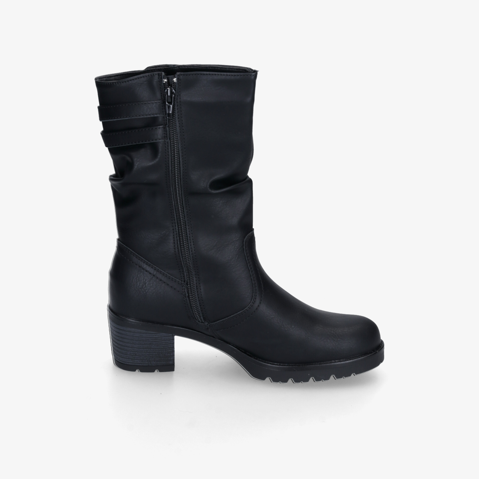 Schwarzer Stiefel mit Reißverschluss und mittelhohem Absatz, bequem und modisch, robustes Material und elegante Form seitlich gezeigt