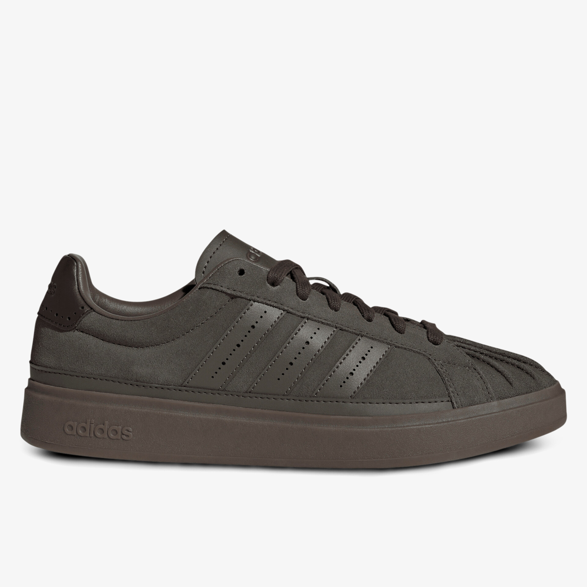 seitlich aufgenommener dunkelgrauer Sneaker aus Leder mit Gummi-Sohle und Schnürung
