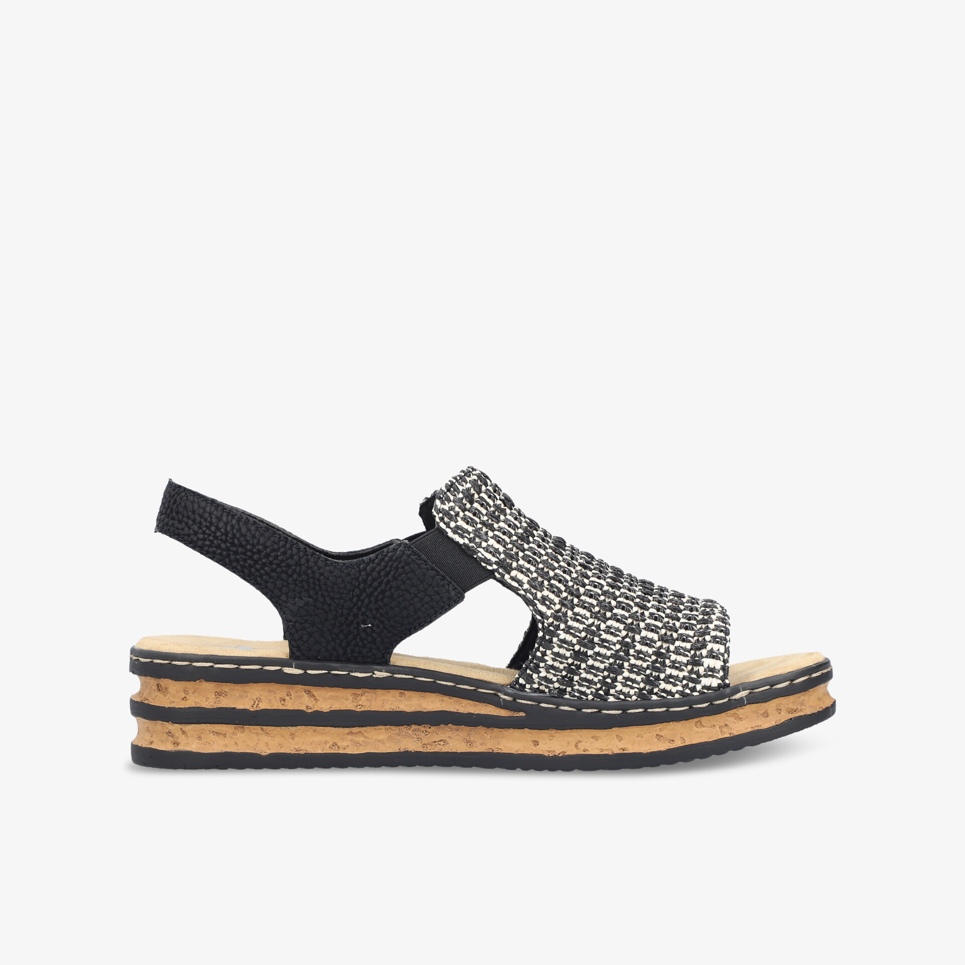 Schwarze Sandale mit flexiblem Riemen und komfortabler Korksohle in klarer seitlicher Ansicht