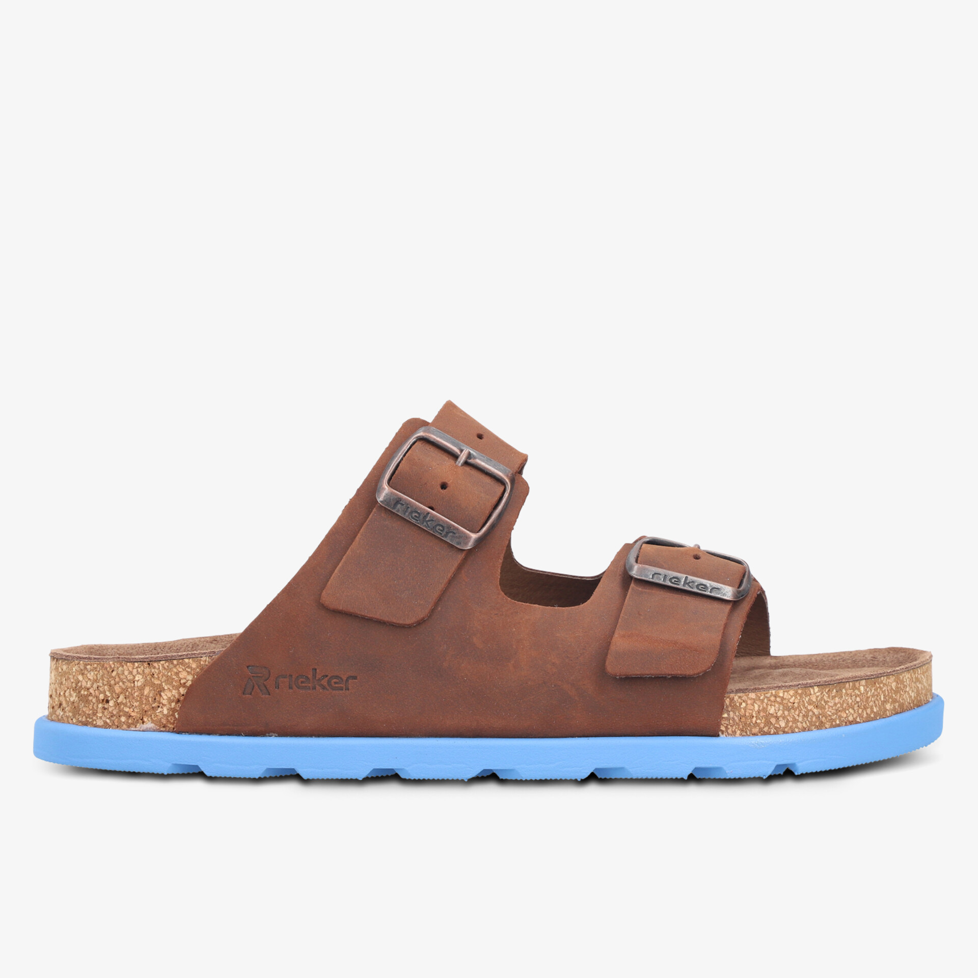 Bequeme Sandale mit verstellbaren Riemen, weicher Korksohle und blauer rutschfester Außensohle