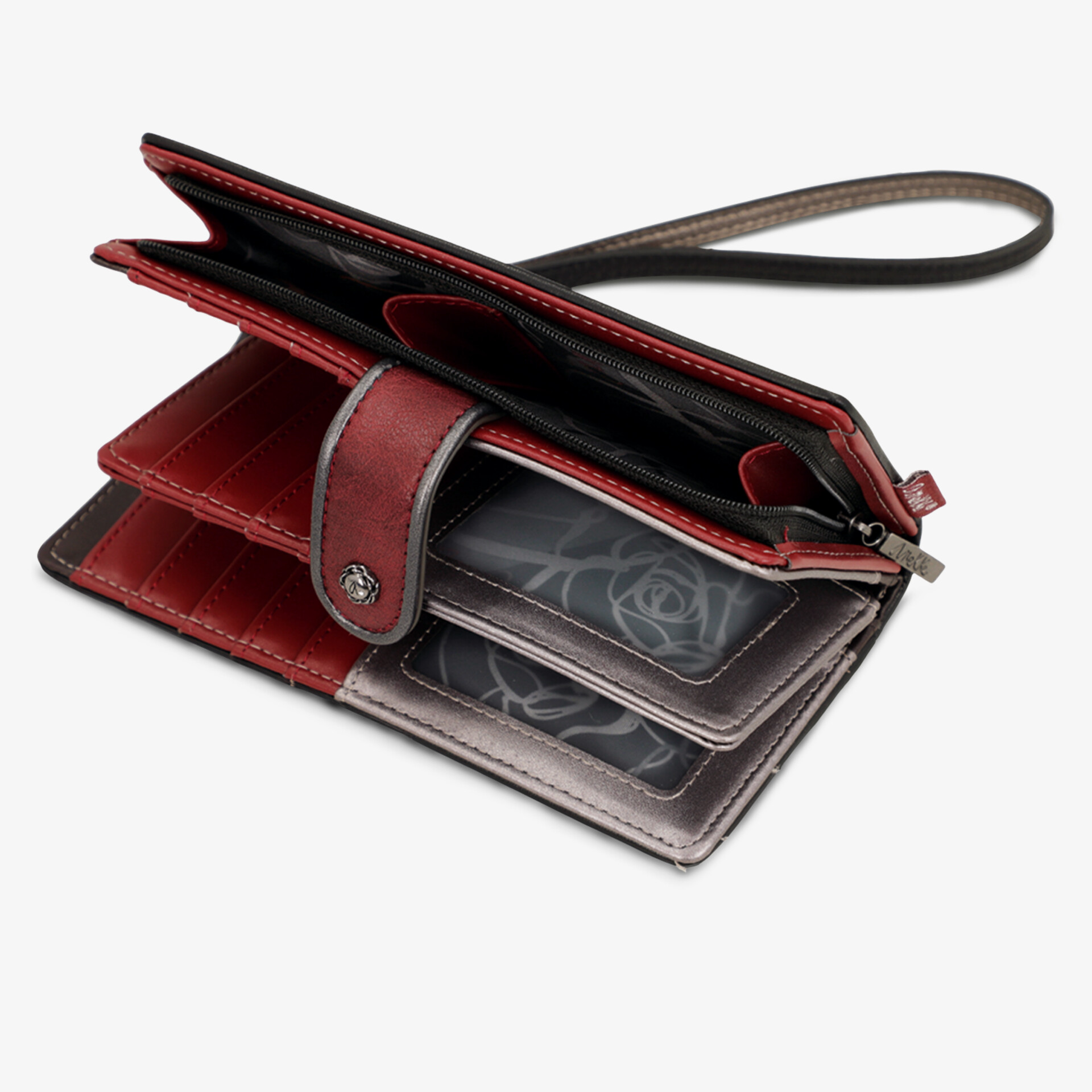 Elegante, geräumige Geldbörse mit mehreren Fächern und roten Farbakzenten, hochwertige Verarbeitung