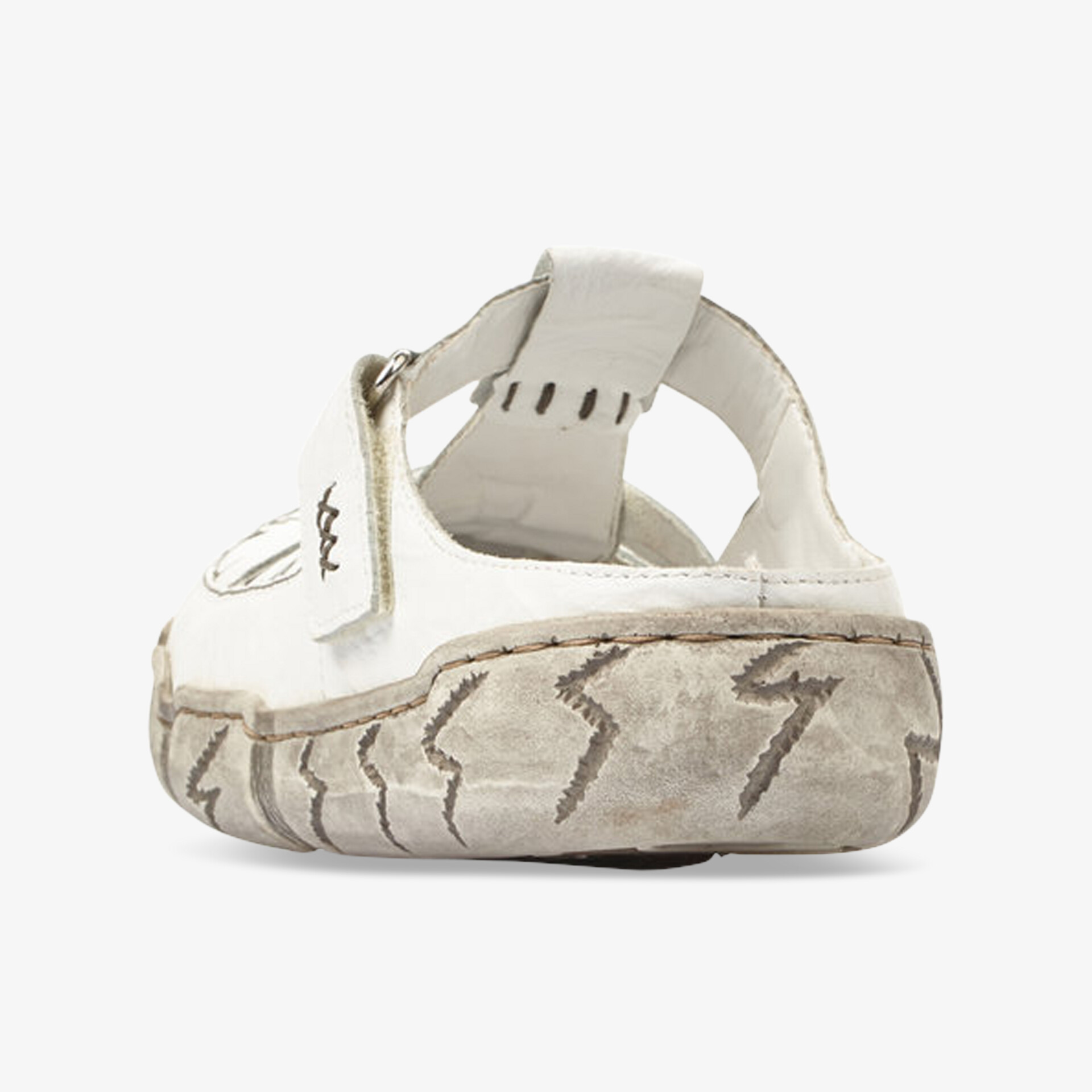 Rückansicht einer bequemen Sandale mit verstellbarem Klettverschluss und profilierter, rutschfester Sohle