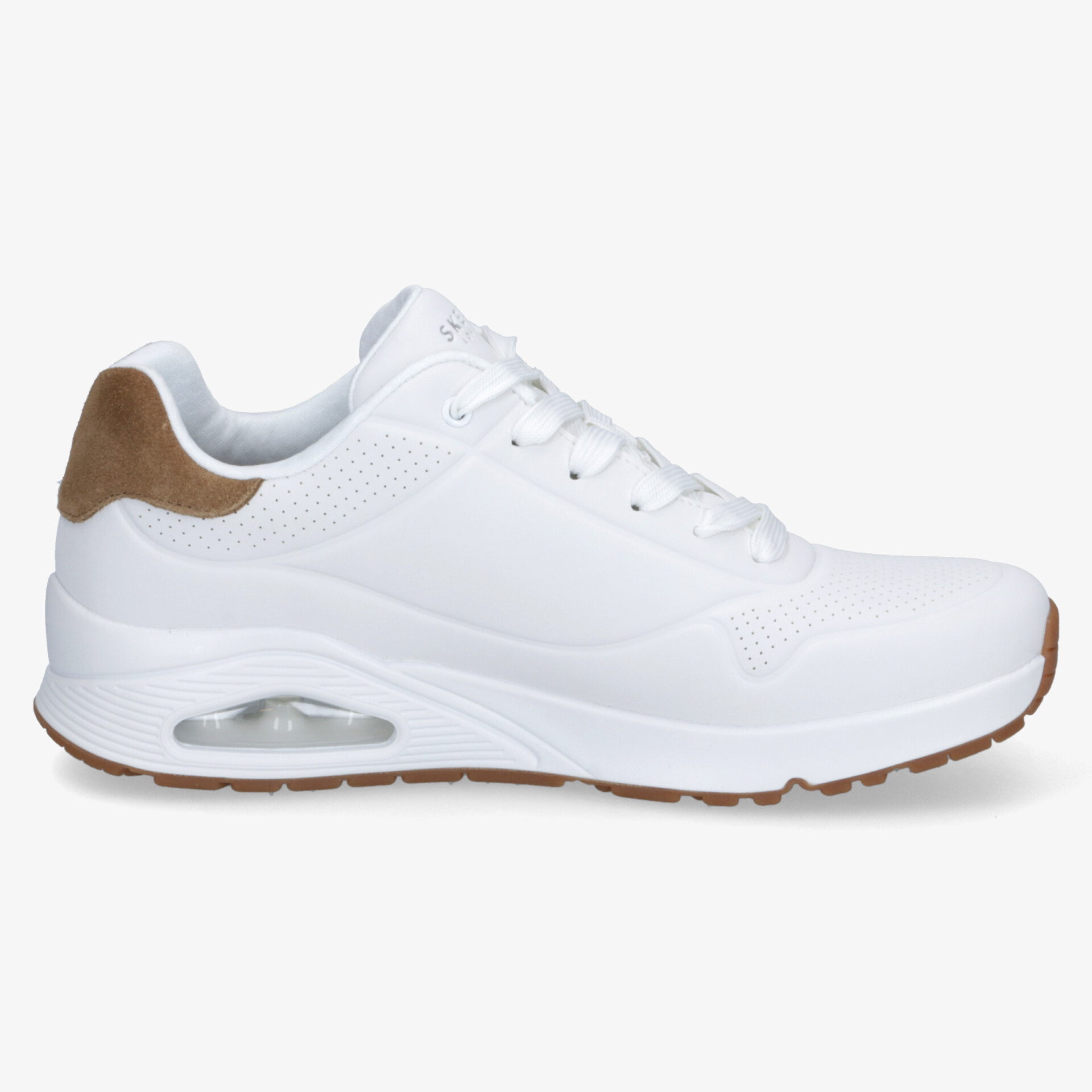 Moderner weißer Sportschuh seitlich mit gepolstertem Schaft und stoßdämpfender Sohle für optimalen Komfort