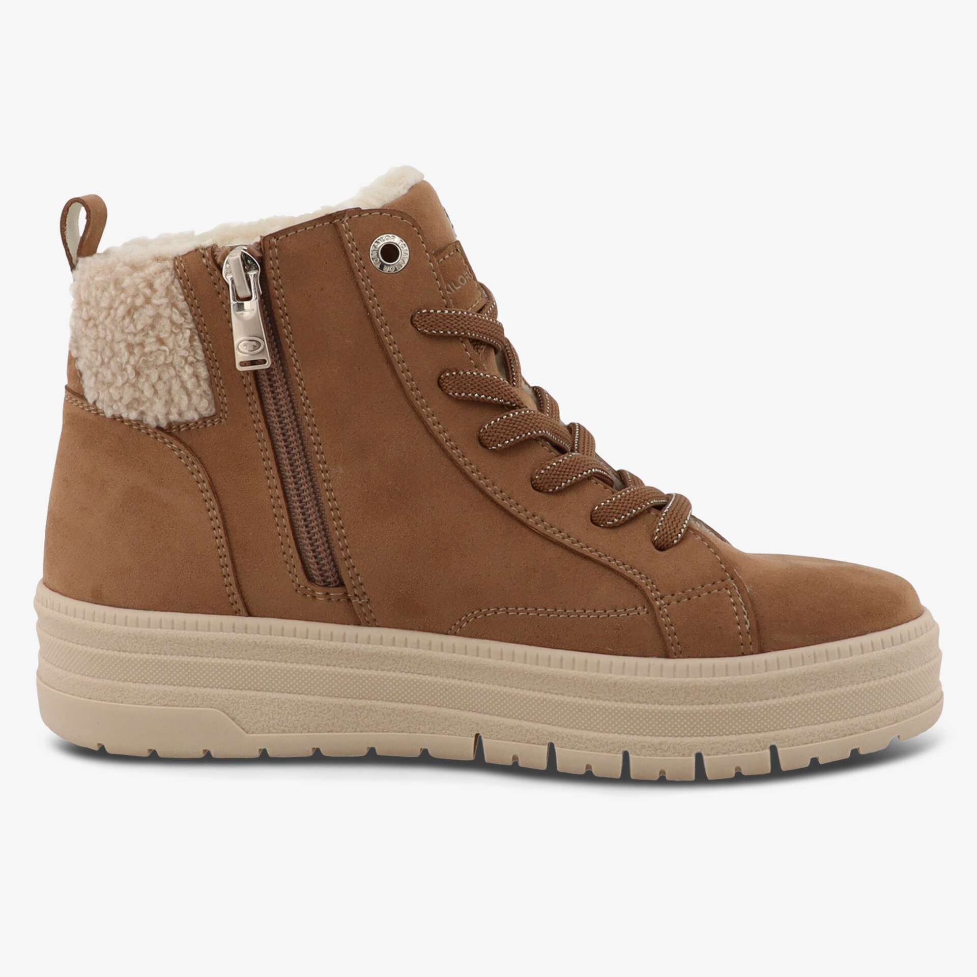 Warmer brauner Stiefel mit Reißverschluss, Schnürung und robuster Profilsohle, seitliche Ansicht