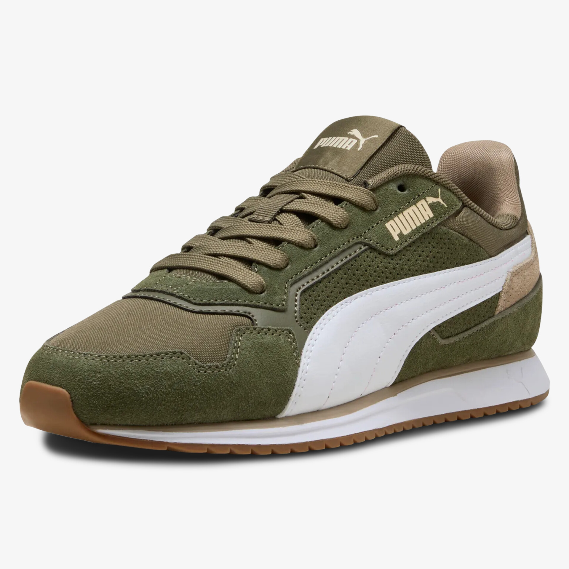 Olivgrüner Puma Sneaker mit komfortabler Sohle und klassischem Design, seitliche Ansicht