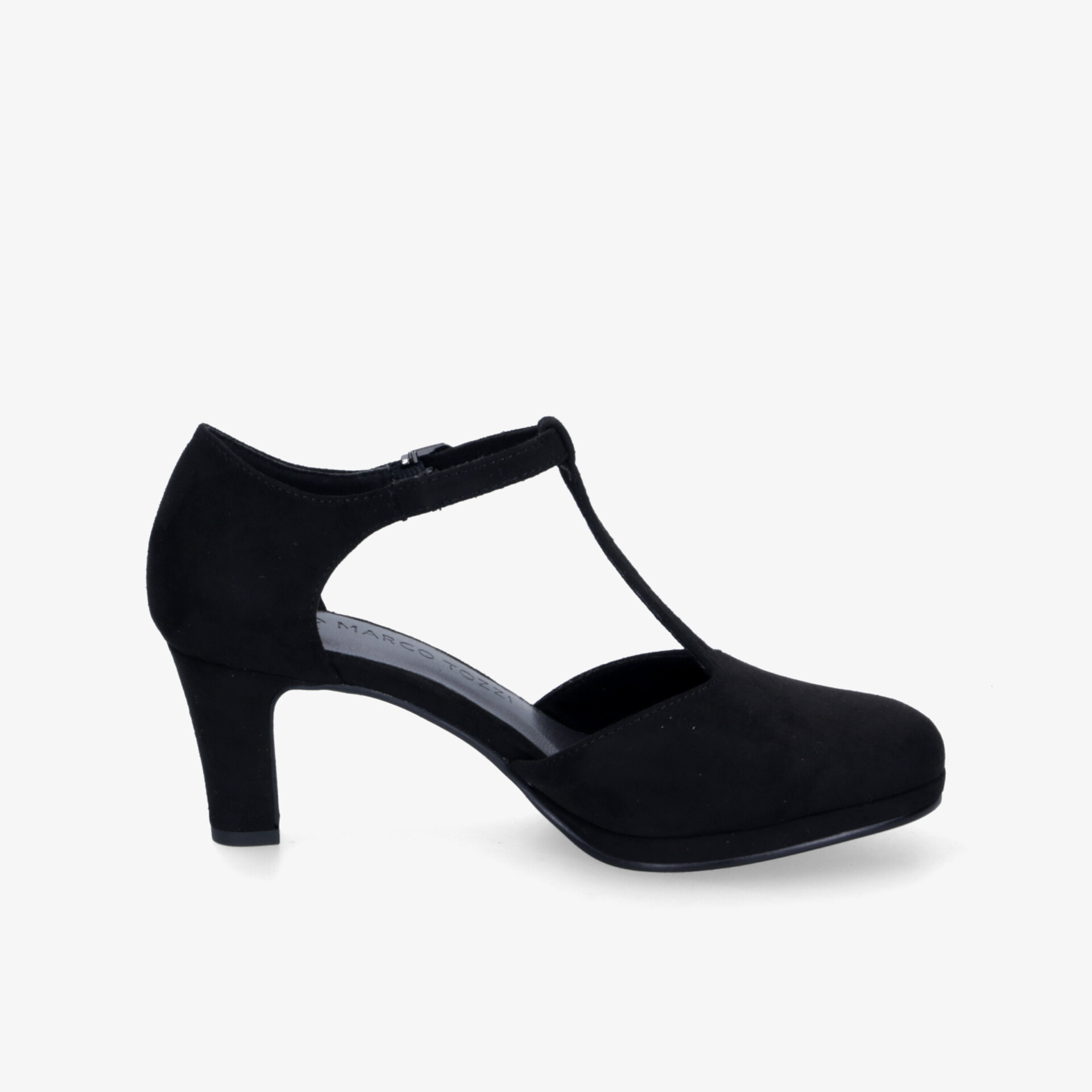 Eleganter schwarzer T-Strap Pumps mit mittlerem Absatz in klarer seitlicher Ansicht, bequeme Passform