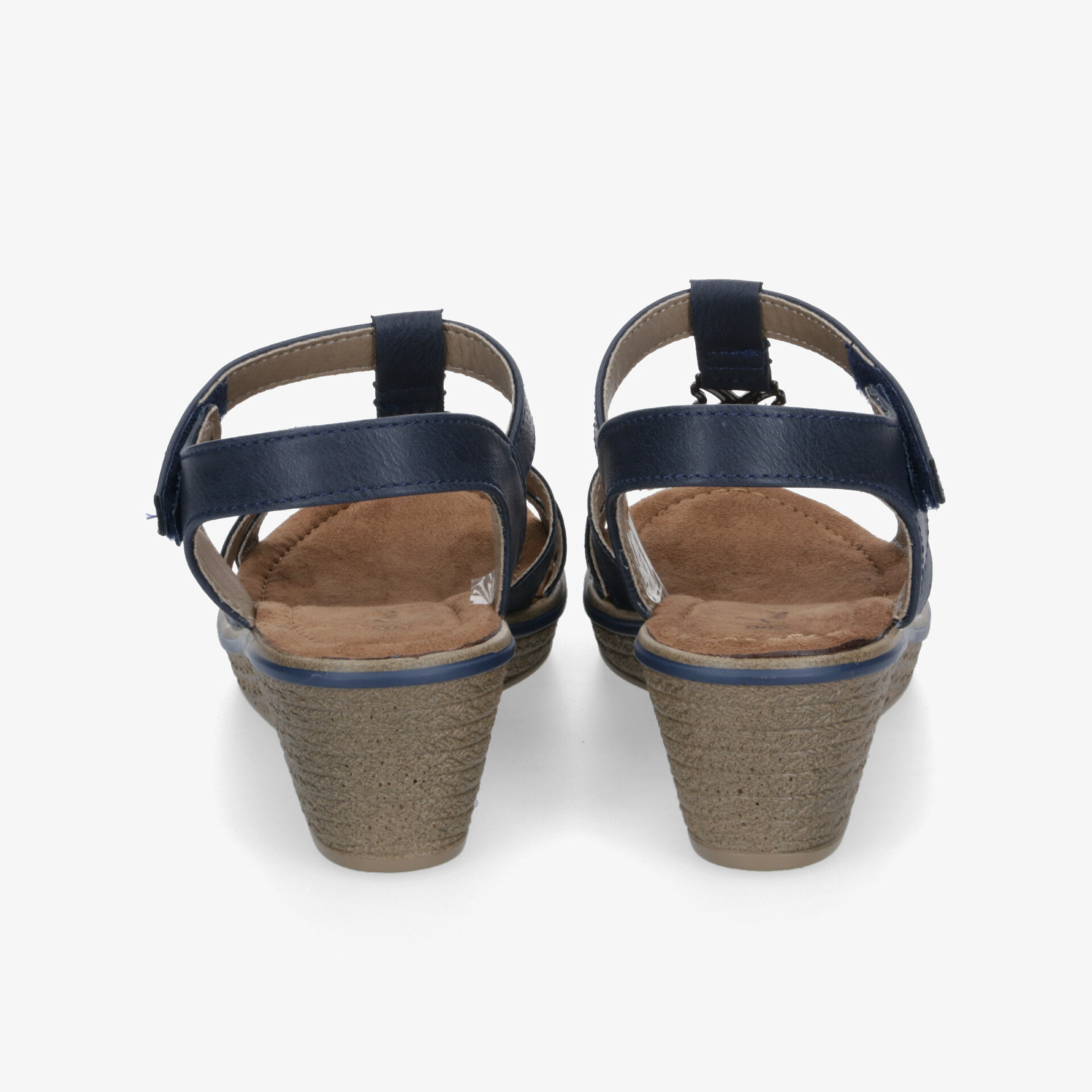 Rückansicht von bequemen Sandalen mit Keilabsatz und verstellbarem Riemen in brauner und navy Farbe