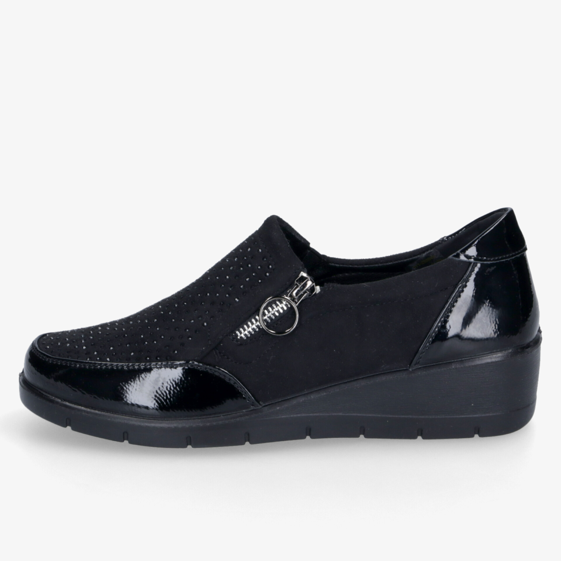 Bequemer schwarzer Halbschuh mit Keilabsatz, rutschfeste Sohle und elegantem Design für den Alltag