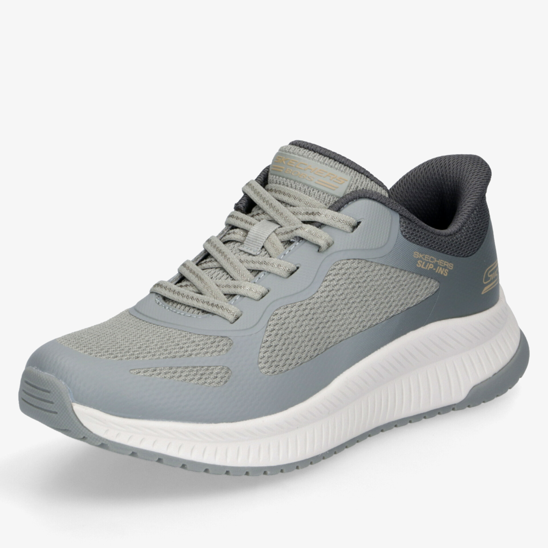 Moderner Sportschuh in Grau mit weißer Sohle, atmungsaktiv, leicht und stoßdämpfend, schräg vorne aufgenommen