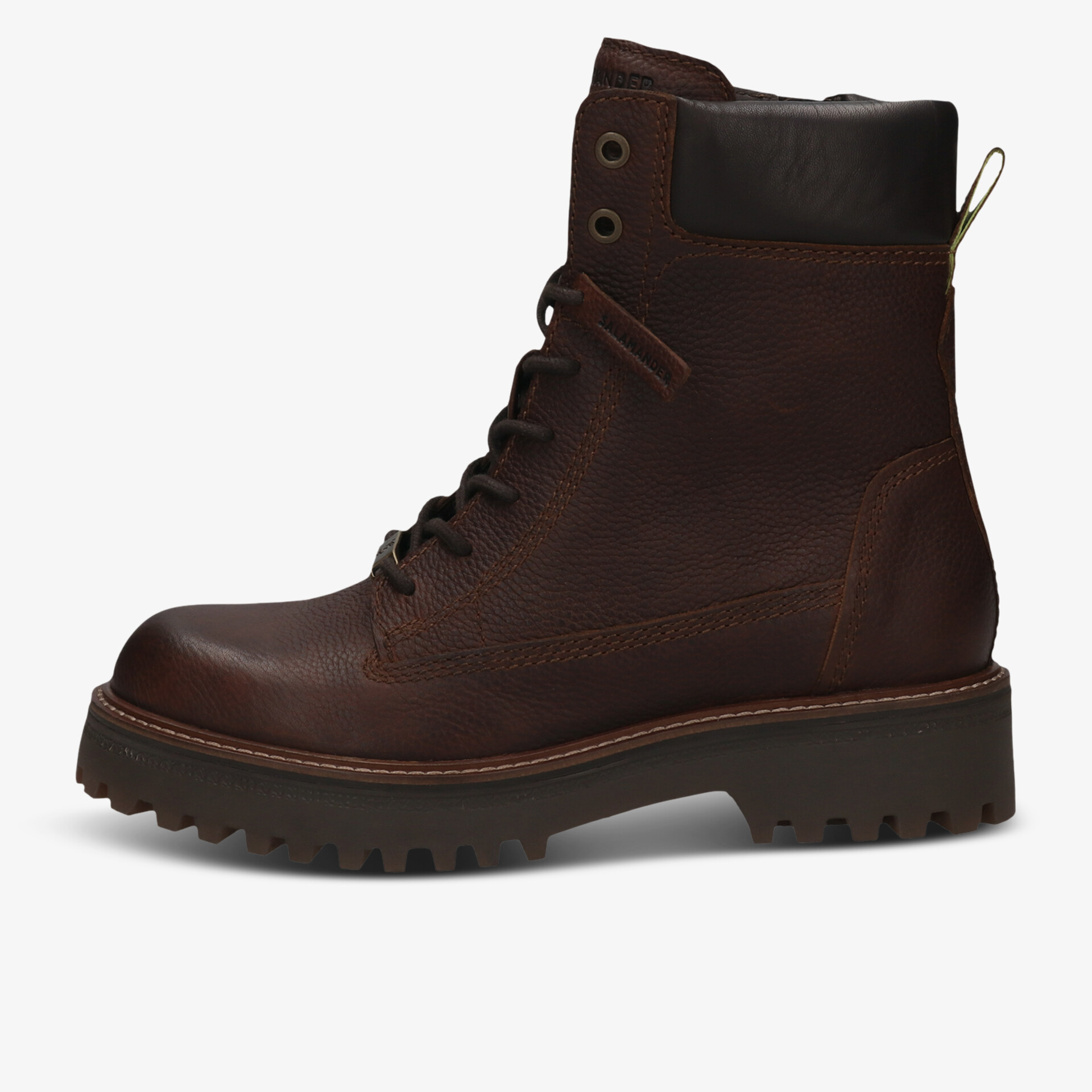 Brauner robuster Schnürstiefel aus Leder mit profilierter Sohle, ideal für Outdoor und Alltag