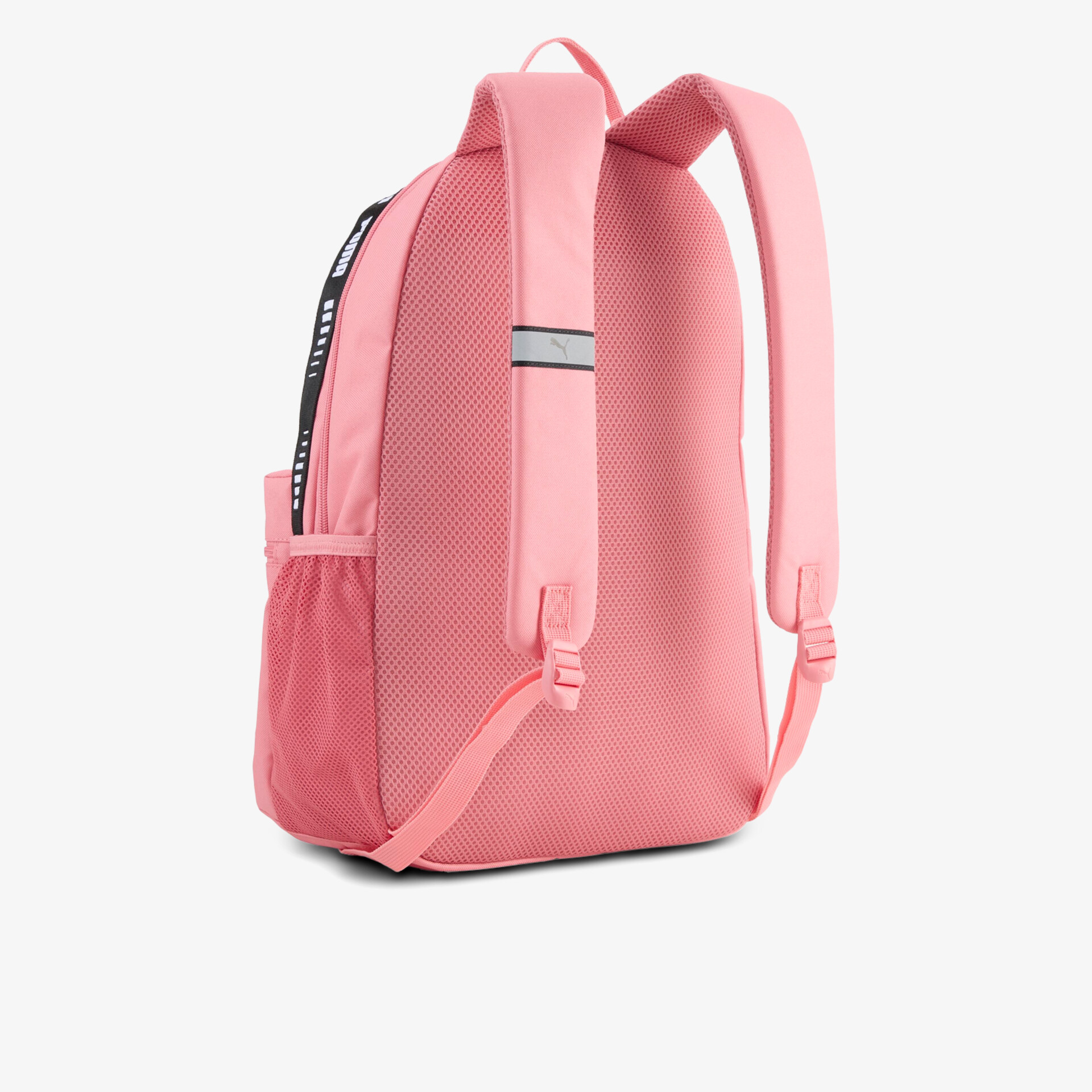 Leichter rosafarbener Rucksack mit gepolsterten Schultergurten und seitlicher Netztasche, modernes Design