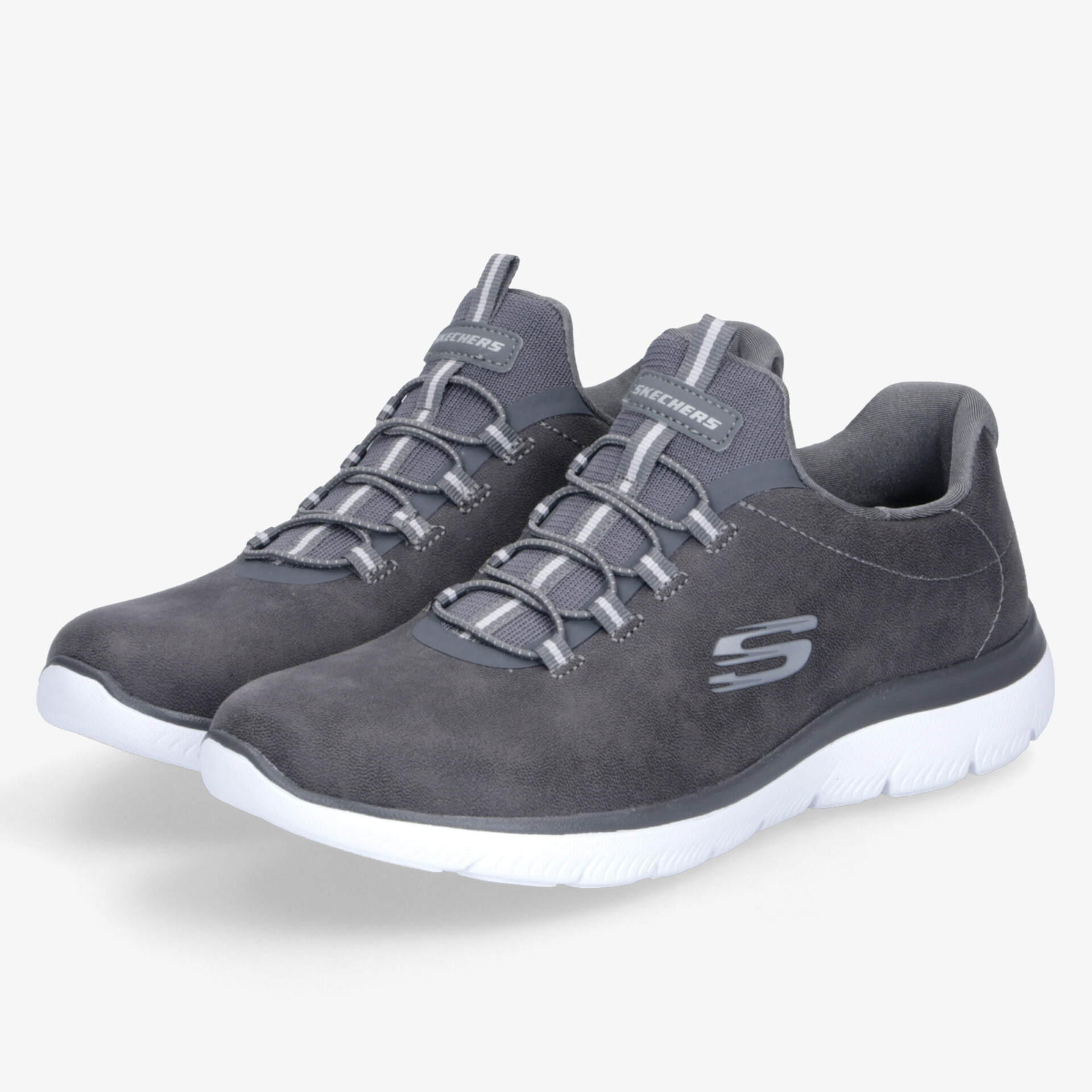 Graue Sportschuhe mit weißer Sohle, modernes Design, erstklassiger Komfort und ausgezeichnete Griffigkeit.