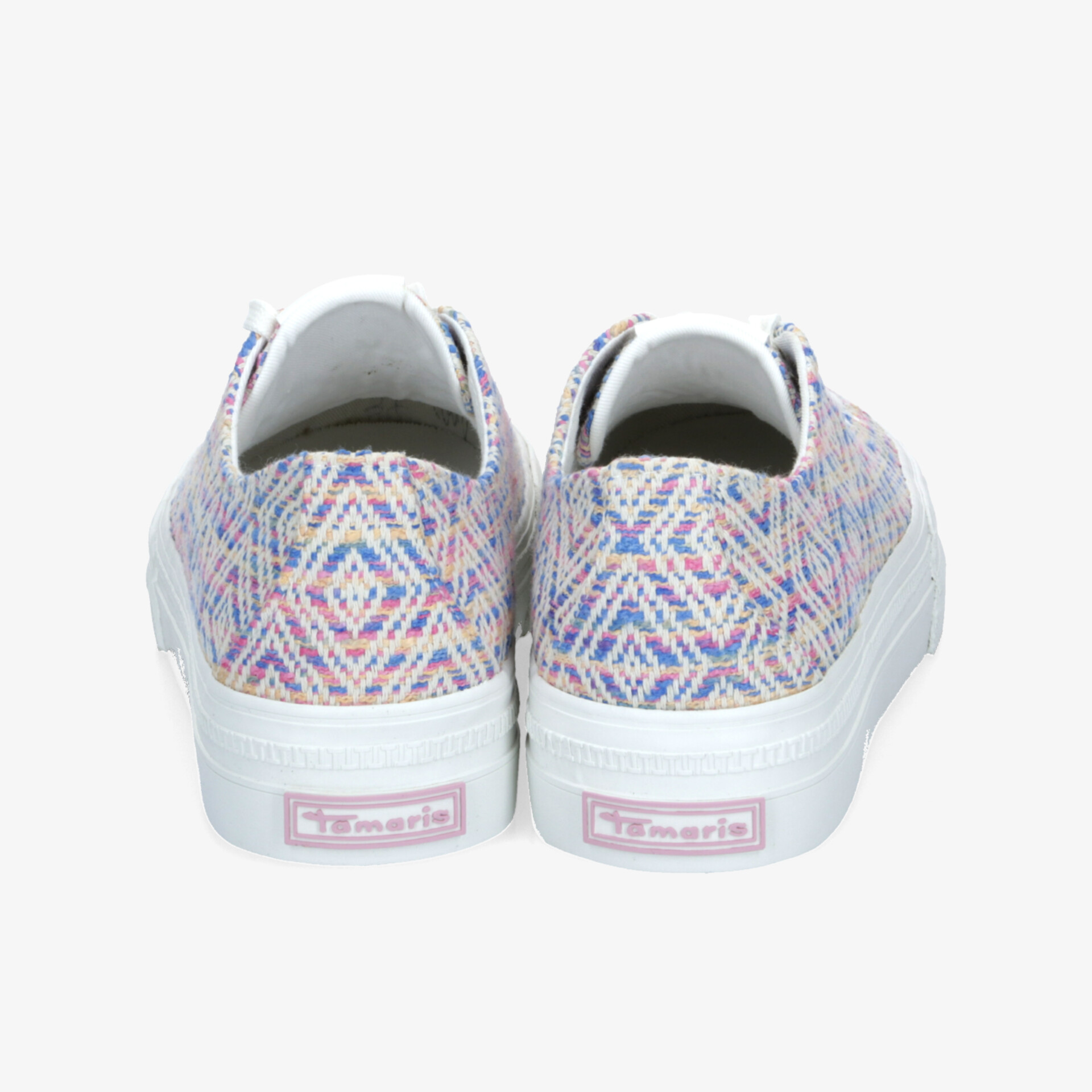 Rückansicht von farbenfrohen, robusten und bequemen Schuhen mit rutschfester Sohle und atmungsaktivem Material