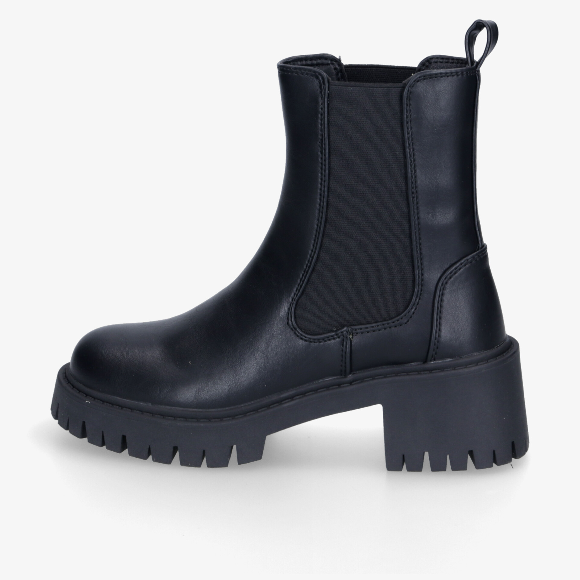 Moderner schwarzer Chelsea-Stiefel mit robustem Blockabsatz und elastischen Einsätzen für perfekten Tragekomfort.
