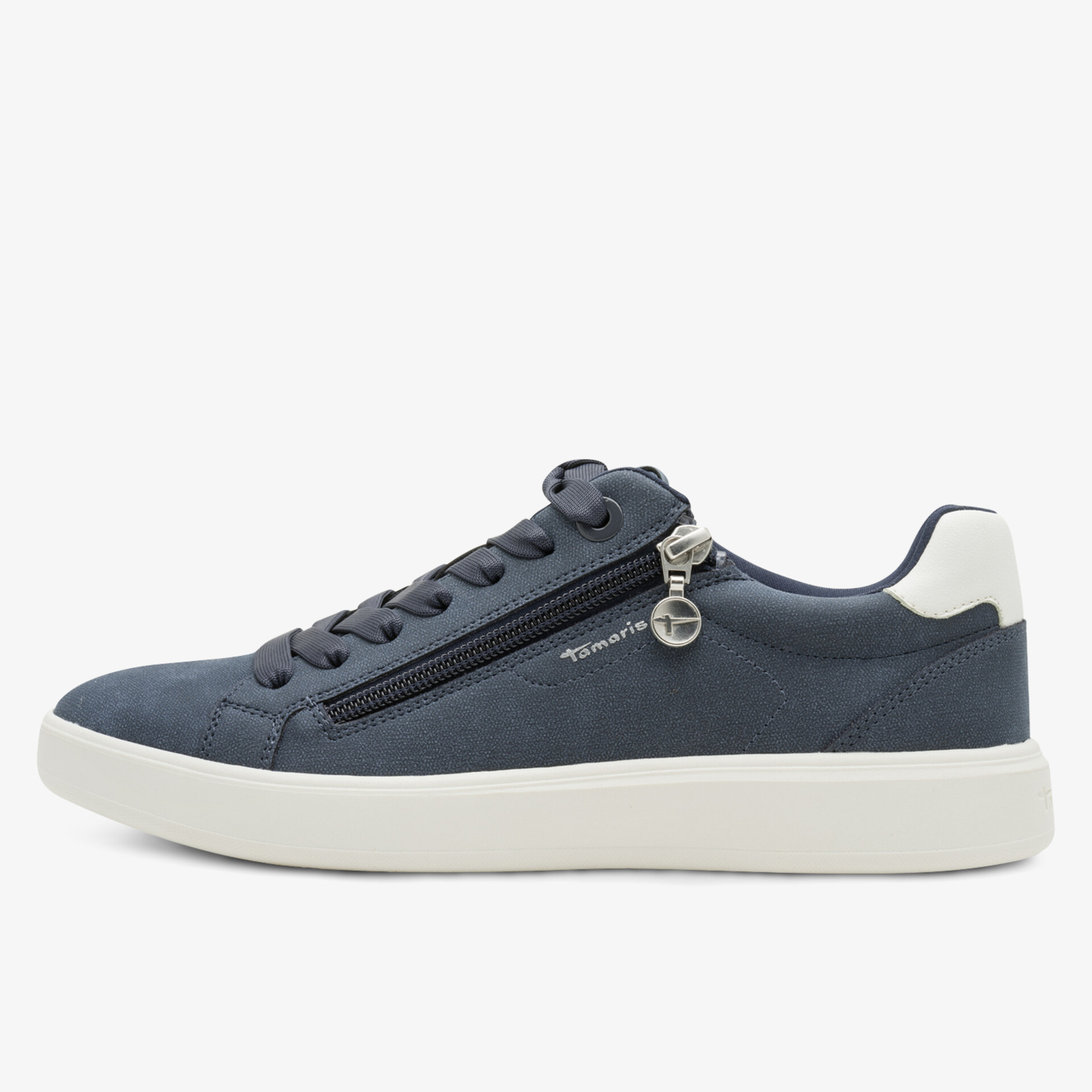 seitlich sichtbarer sportlicher Sneaker mit Reißverschluss und bequemer Profilsohle in navy und weiß
