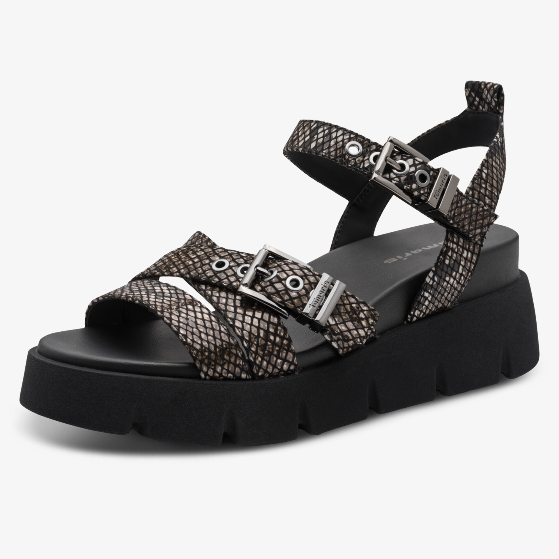 Bequeme Plateau-Sandale mit verstellbaren Schnallen und modischem Schlangenmuster in schwarzer Farbe