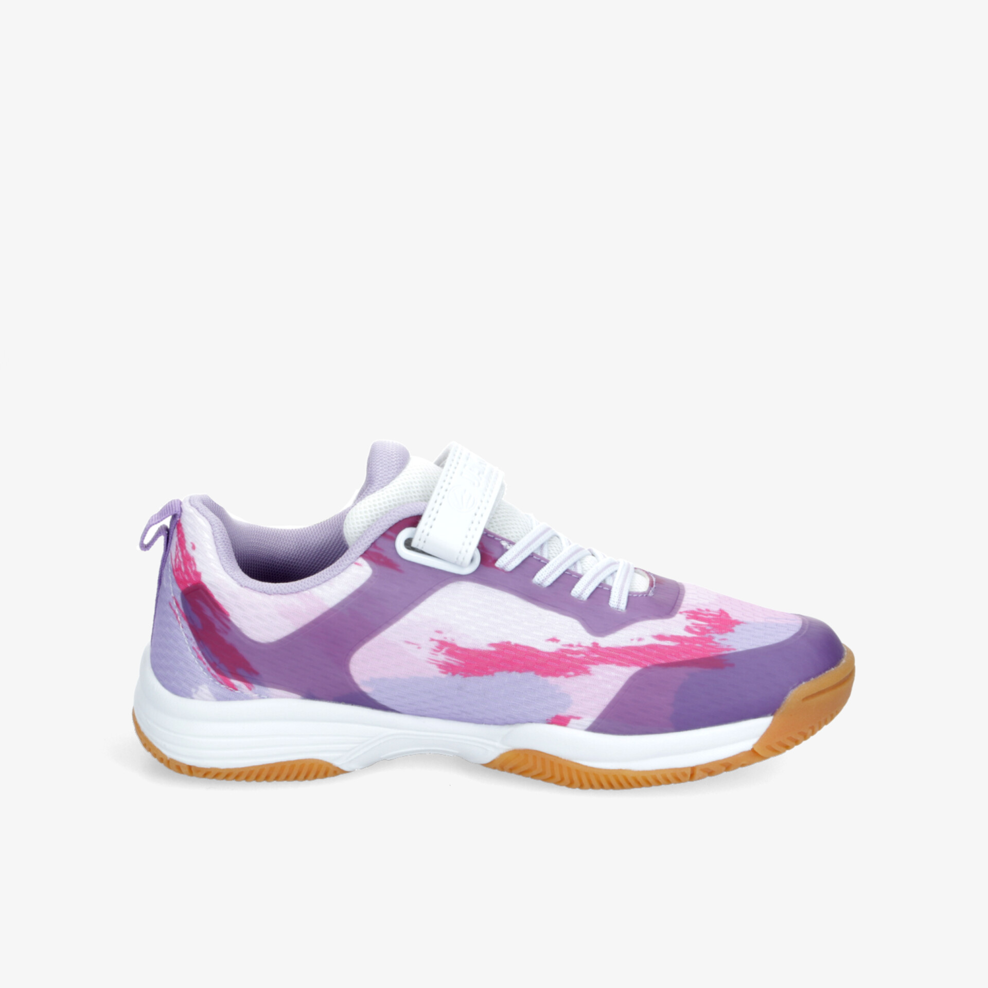 Moderner Sportschuh in Pink und Lila mit robuster Sohle und atmungsaktivem Material, seitliche Ansicht