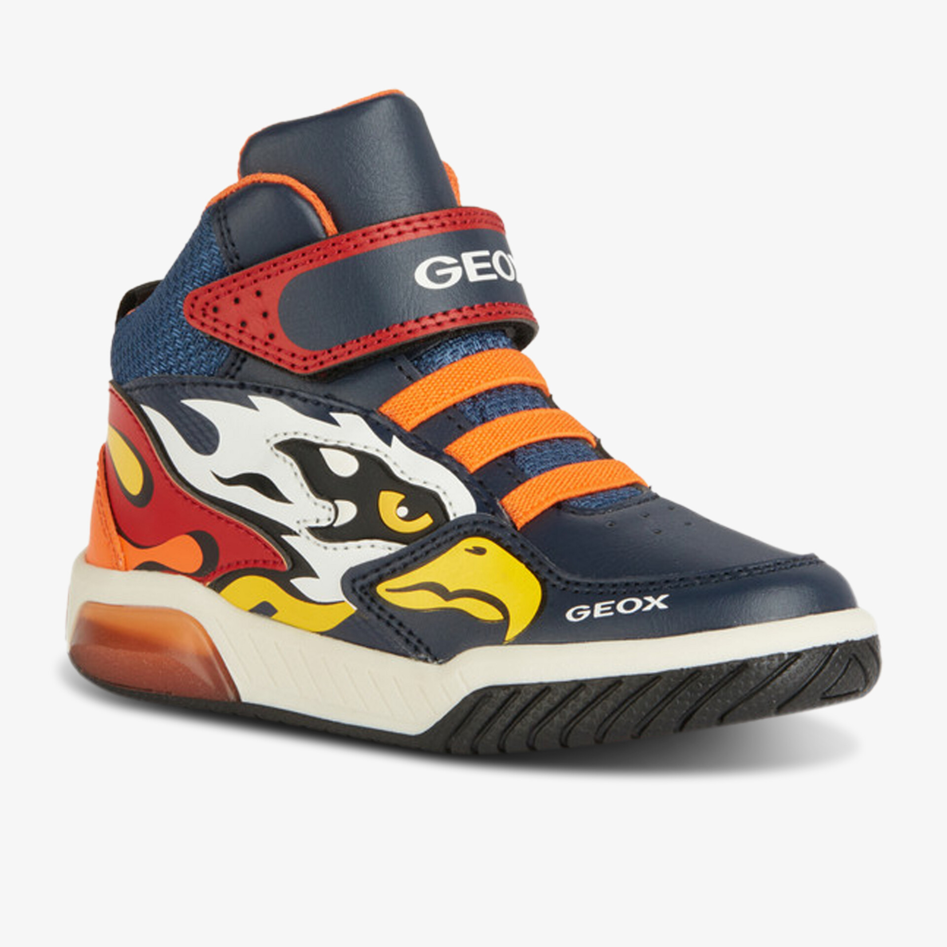 Moderner Sneaker mit auffälligem Flammen-Design und praktischem Klettverschluss für optimalen Tragekomfort.