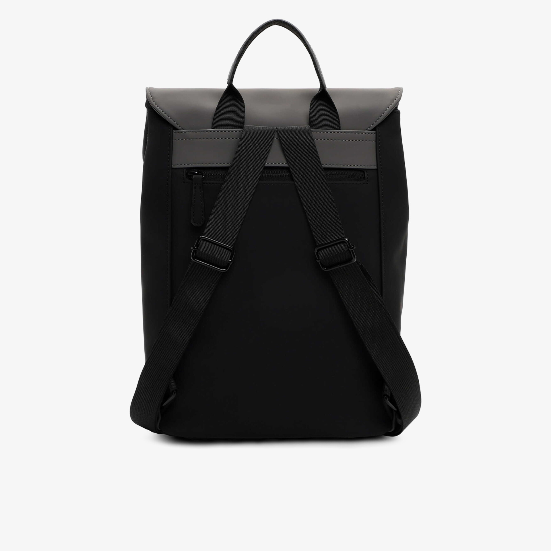 Moderner schwarzer Rucksack mit robustem Griff und verstellbaren Trägern in klarer Rückansicht