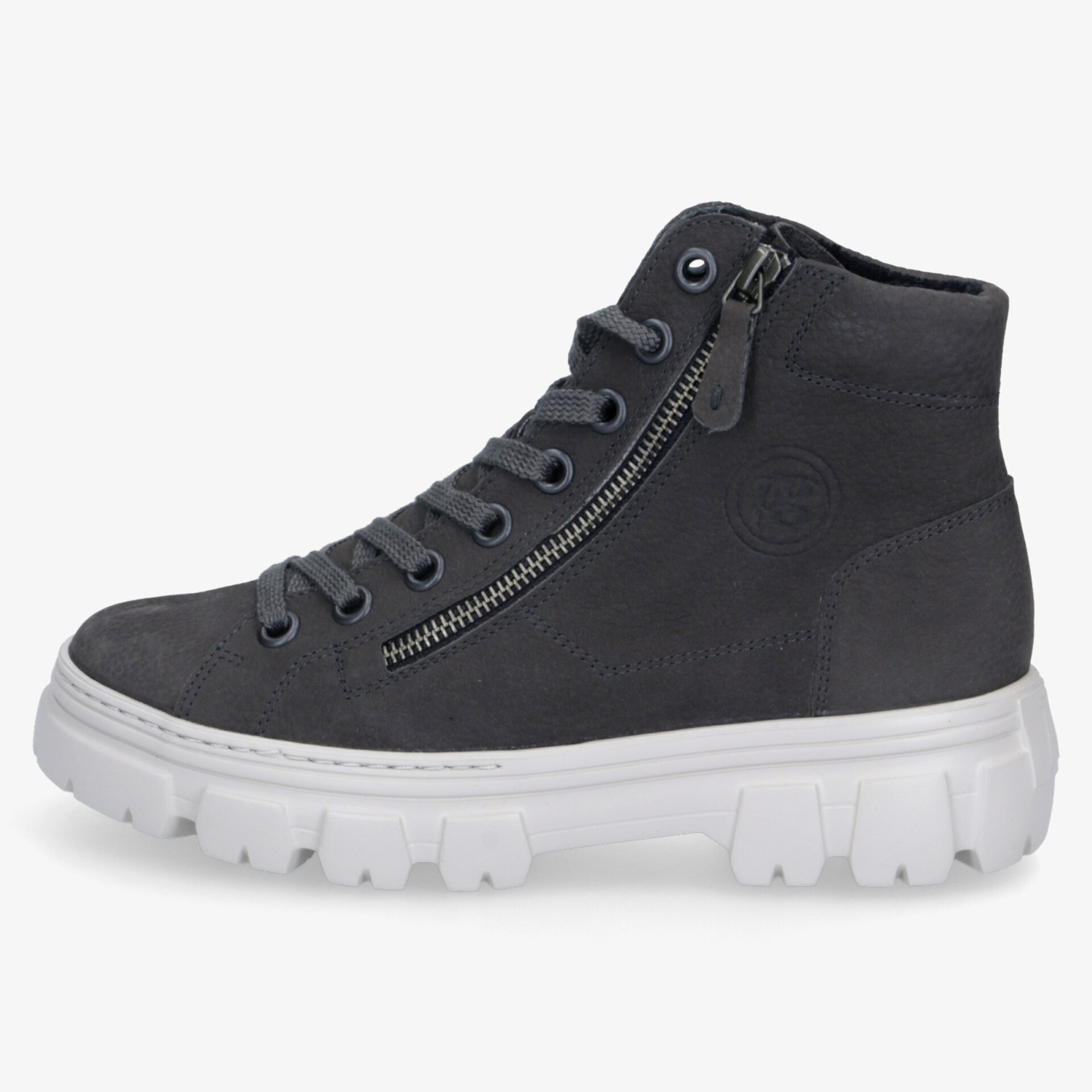 Schwarzer Sneaker mit Reißverschluss und robuster, bequemer Sohle, seitliche Ansicht, moderner und flexibler Schuh