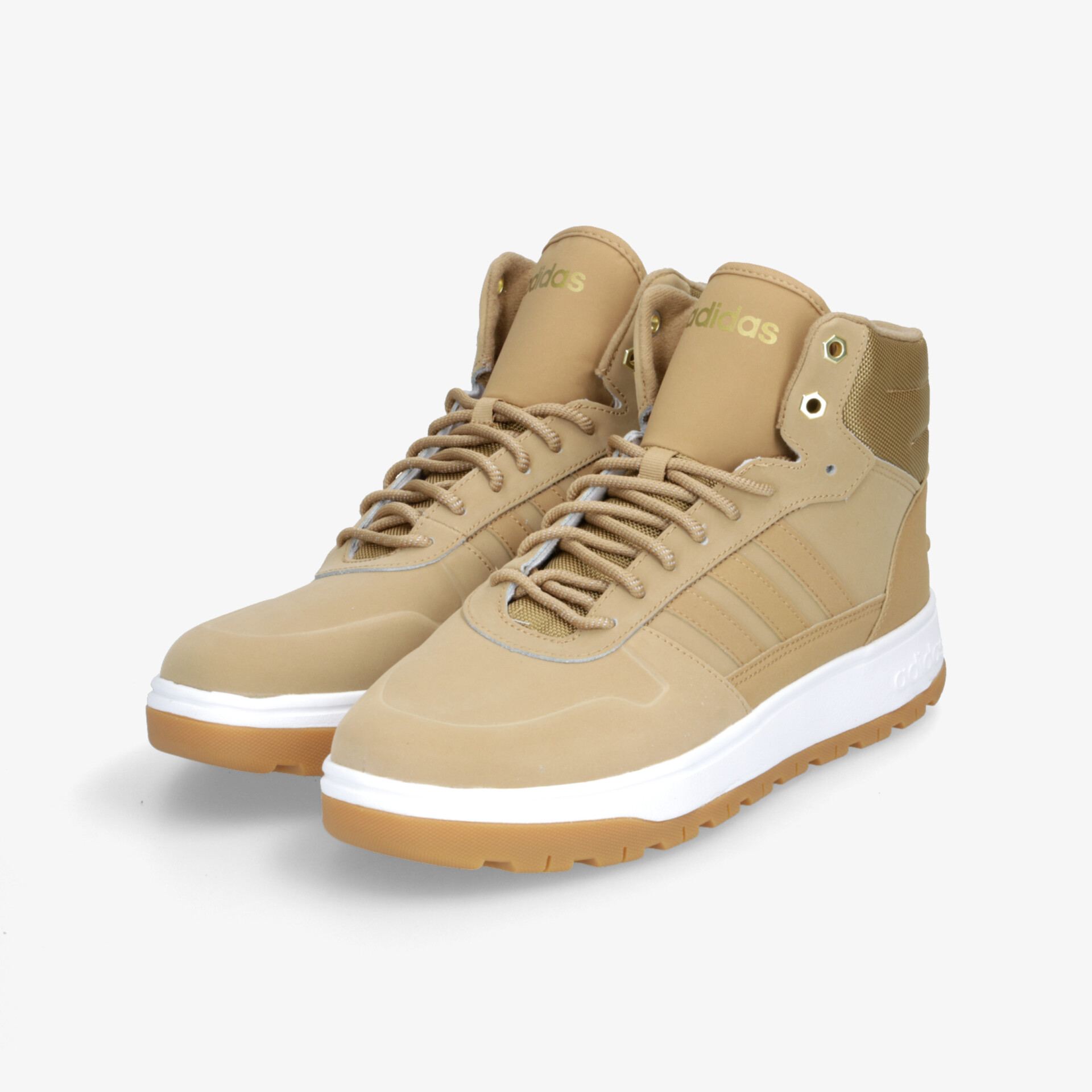 Beige Sneaker mit hohem Schaft und dicker Sohle in schräger Vorderansicht, komfortabel und sportlich