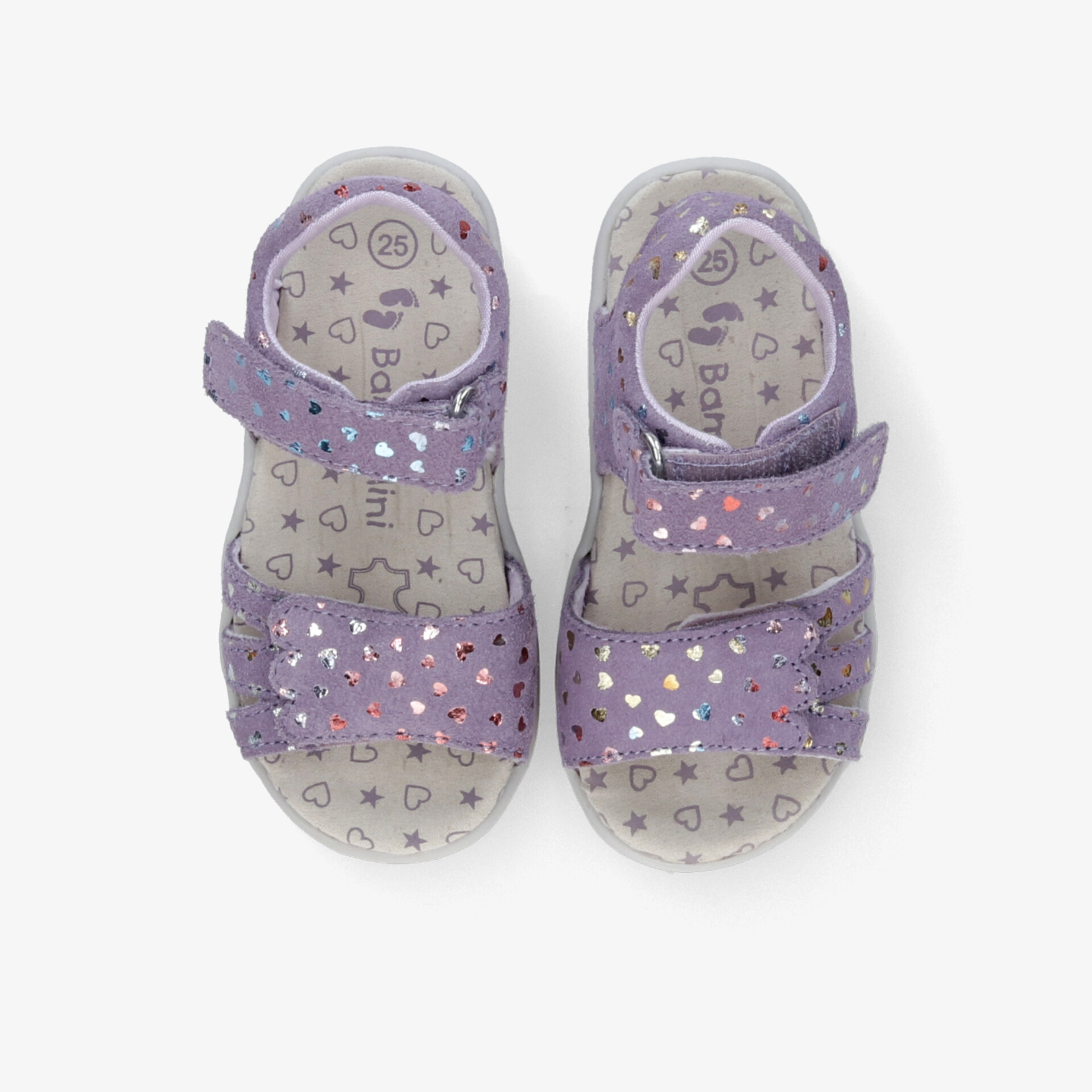 Top-Down Sicht auf ein Paar lila Sandalen mit gepolsterter Sohle und verstellbarem Klettverschluss für Komfort