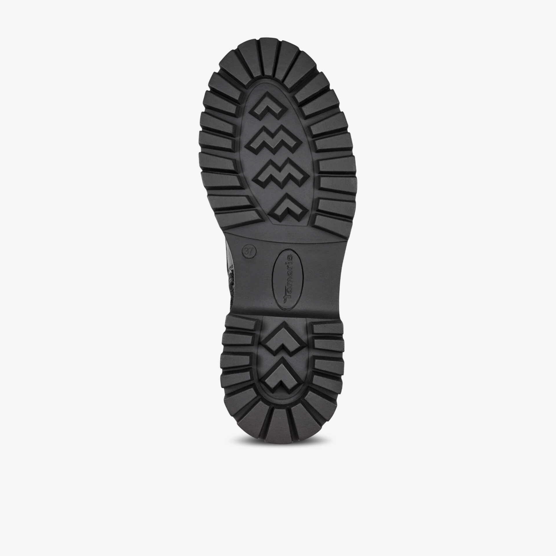 Robuste schwarze Stiefelsohle mit tiefem Profil für optimalen Halt auf verschiedenen Untergründen.