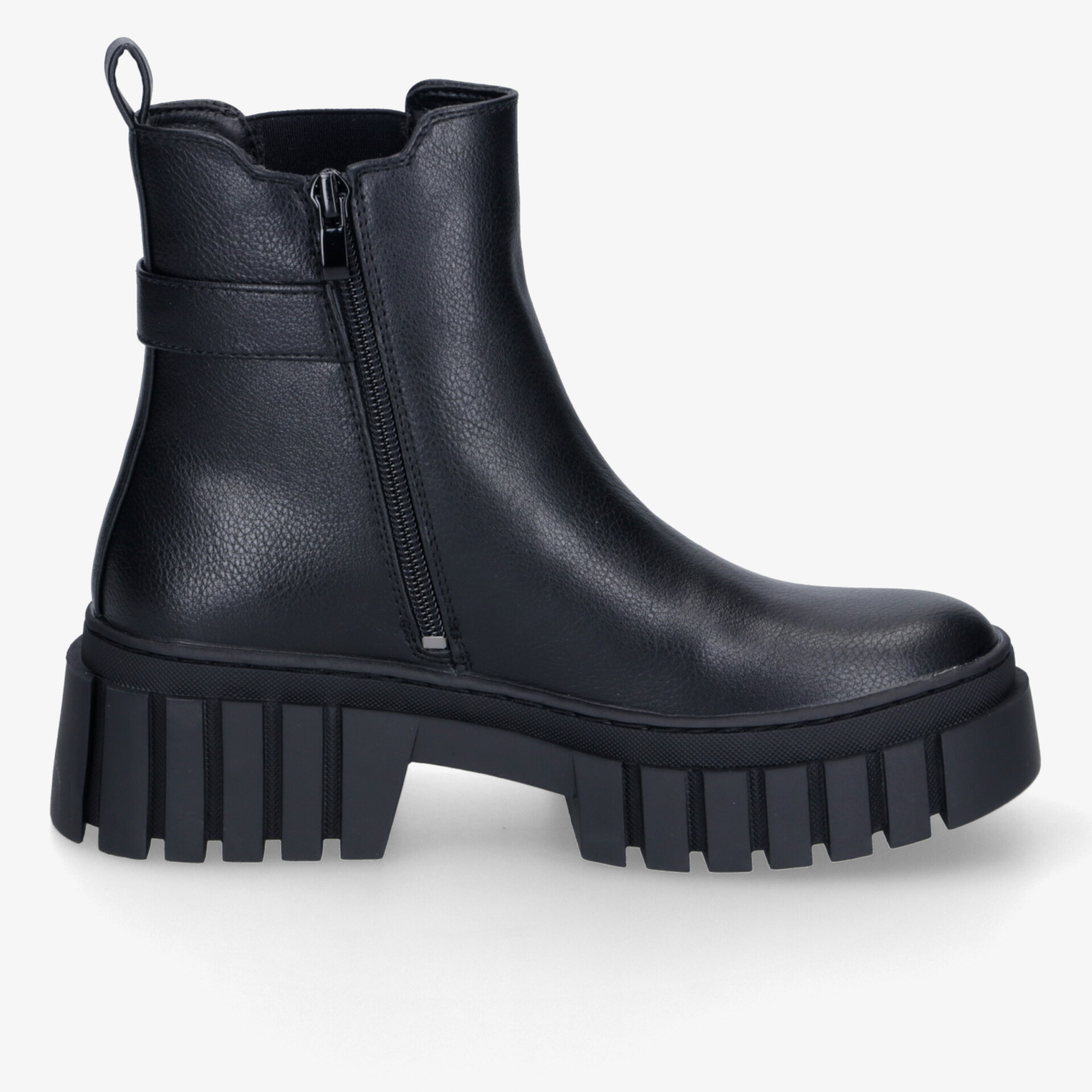 Schwarzer Ankle Boot mit dicker profilierter Sohle und seitlichem Reißverschluss, robust und bequem