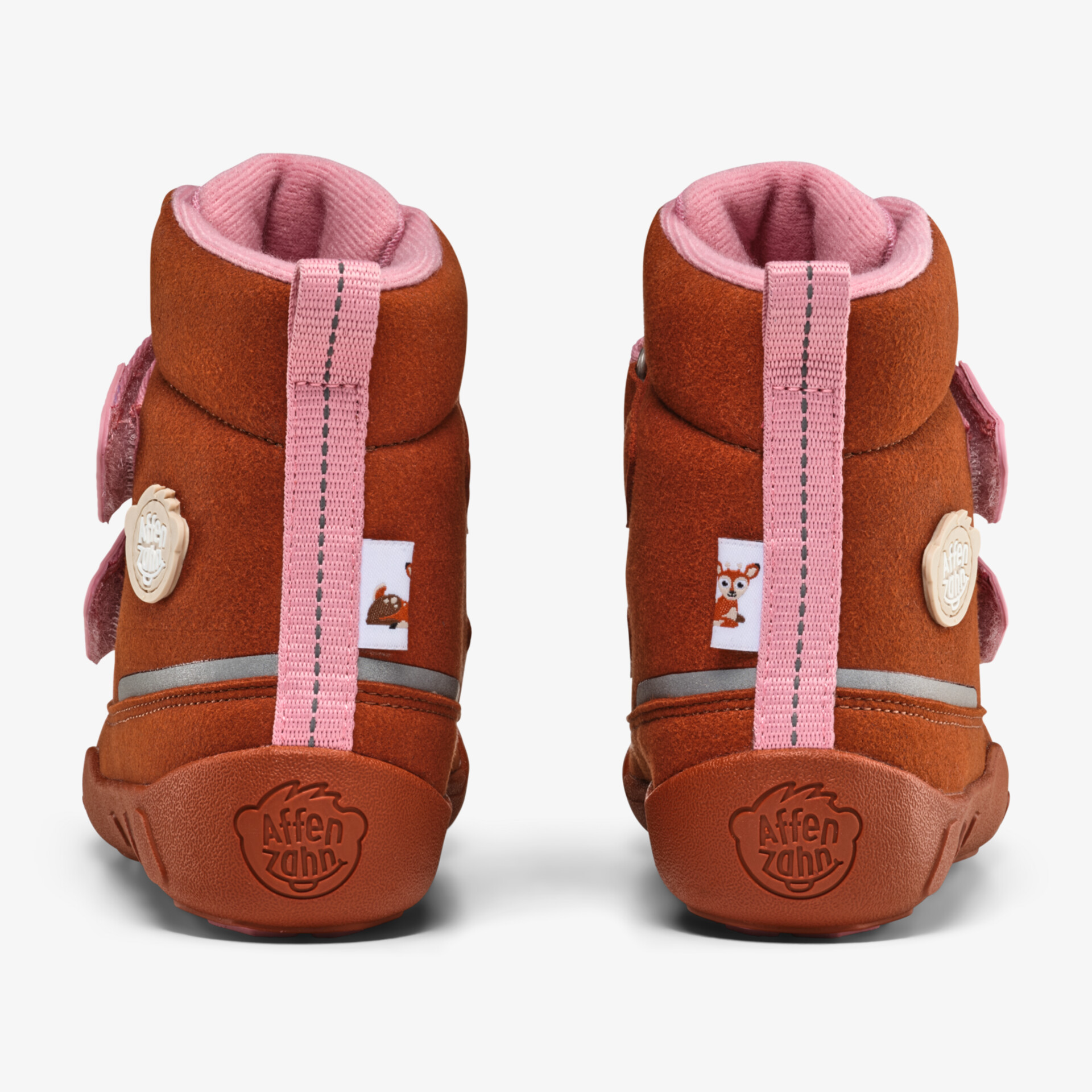Kinderstiefel mit robuster Sohle und warmer Innenfütterung in Braun und Pink, Rückansicht