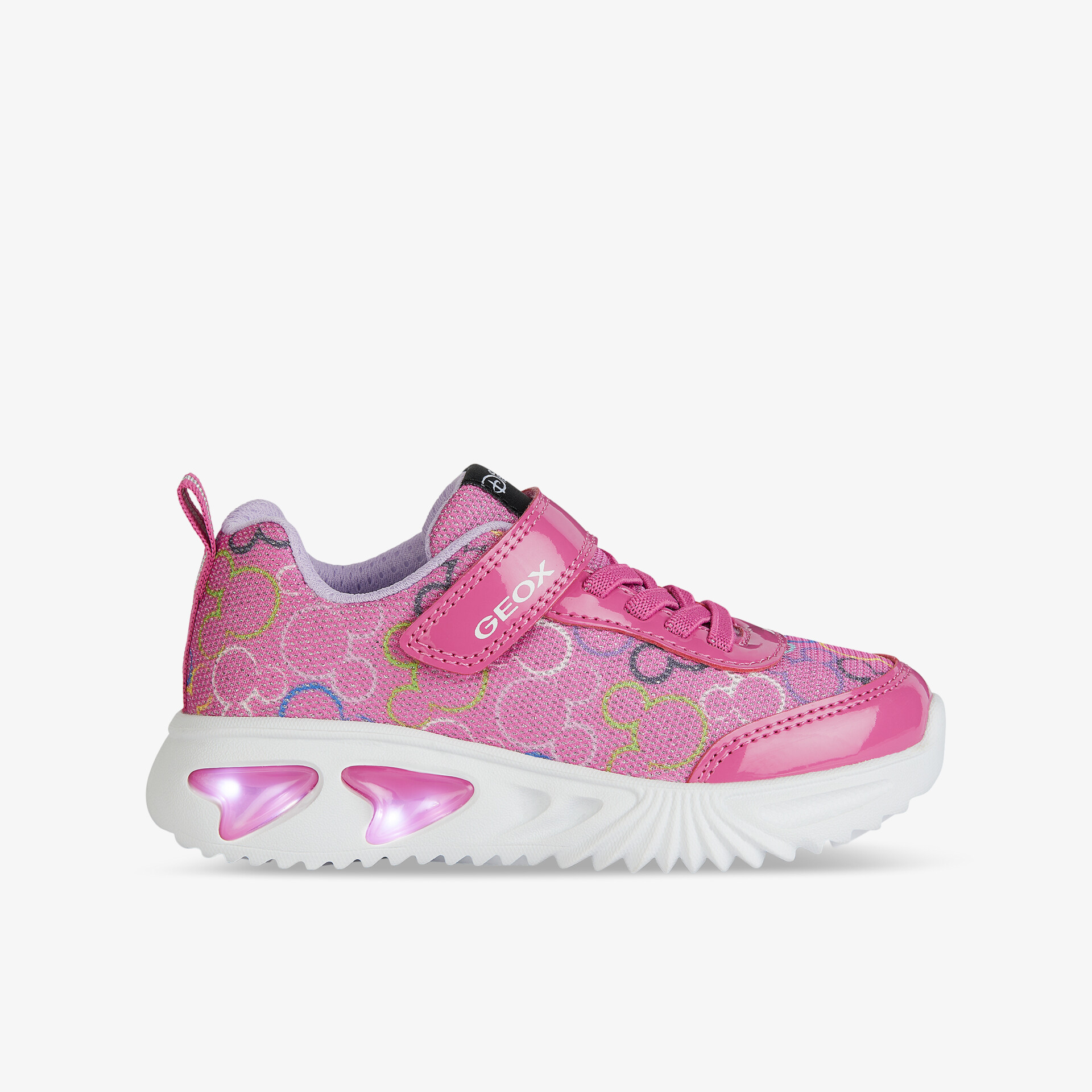 Stylischer pinker Sneaker mit leuchtenden Details und komfortabler Sohle, ideal für ein modisches Outfit.