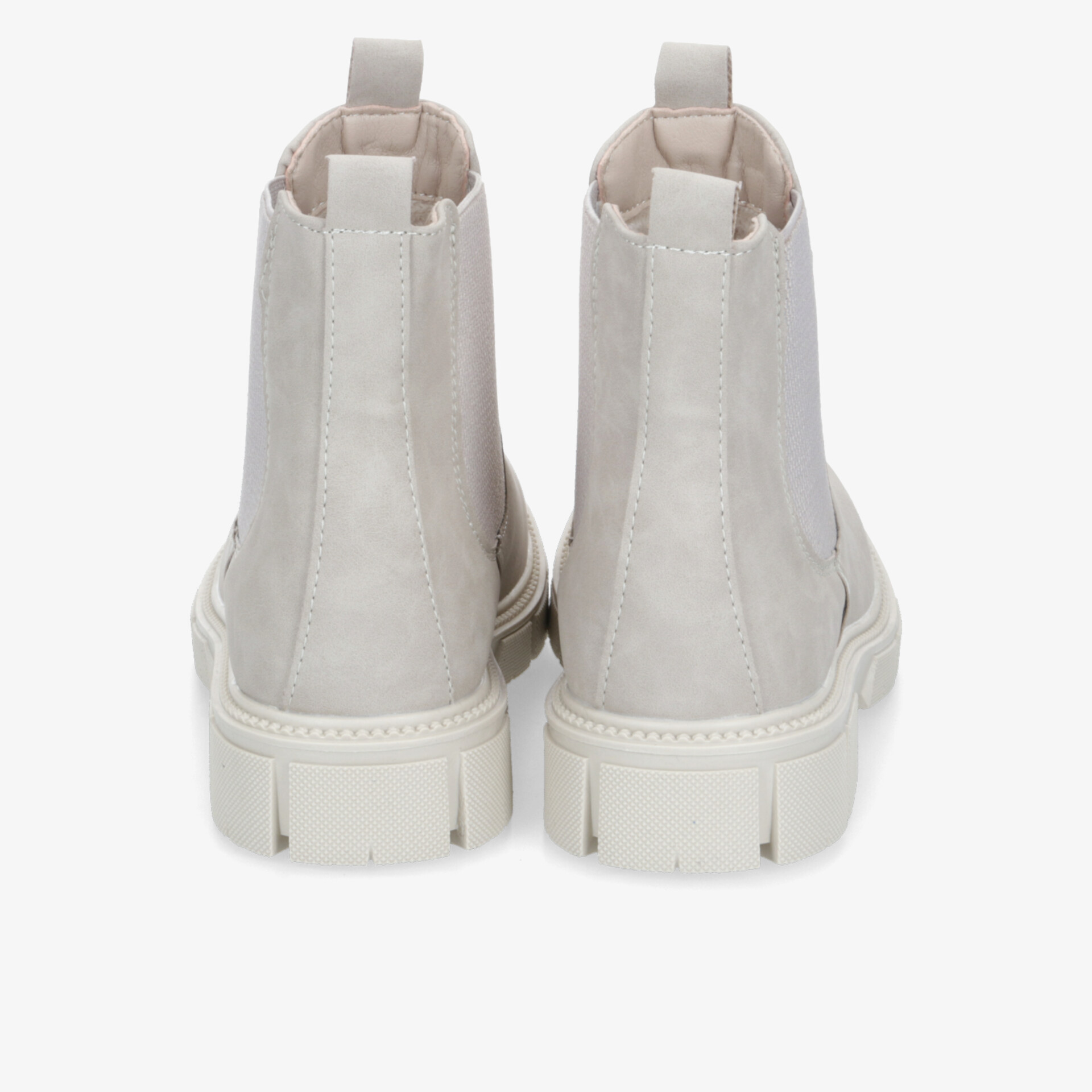 Hellgraue robuste Stiefel mit hohem Schaft und elastischen Einsätzen von hinten, rutschfeste Gummisohle