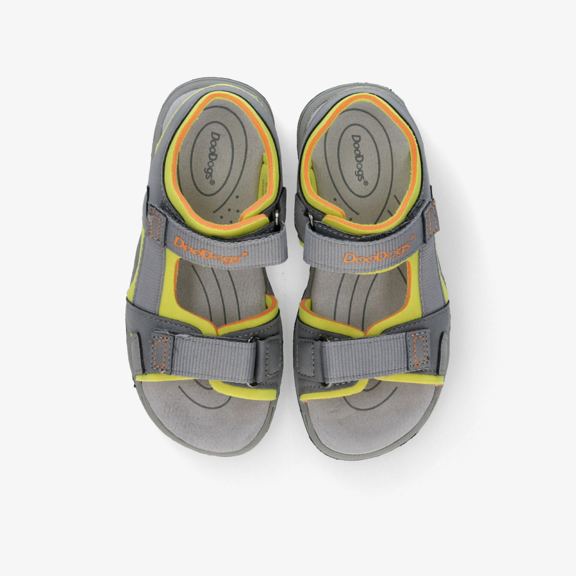 Sportliche graue und gelbe Sandalen, verstellbar, gepolstert und rutschfest, als Paar von oben