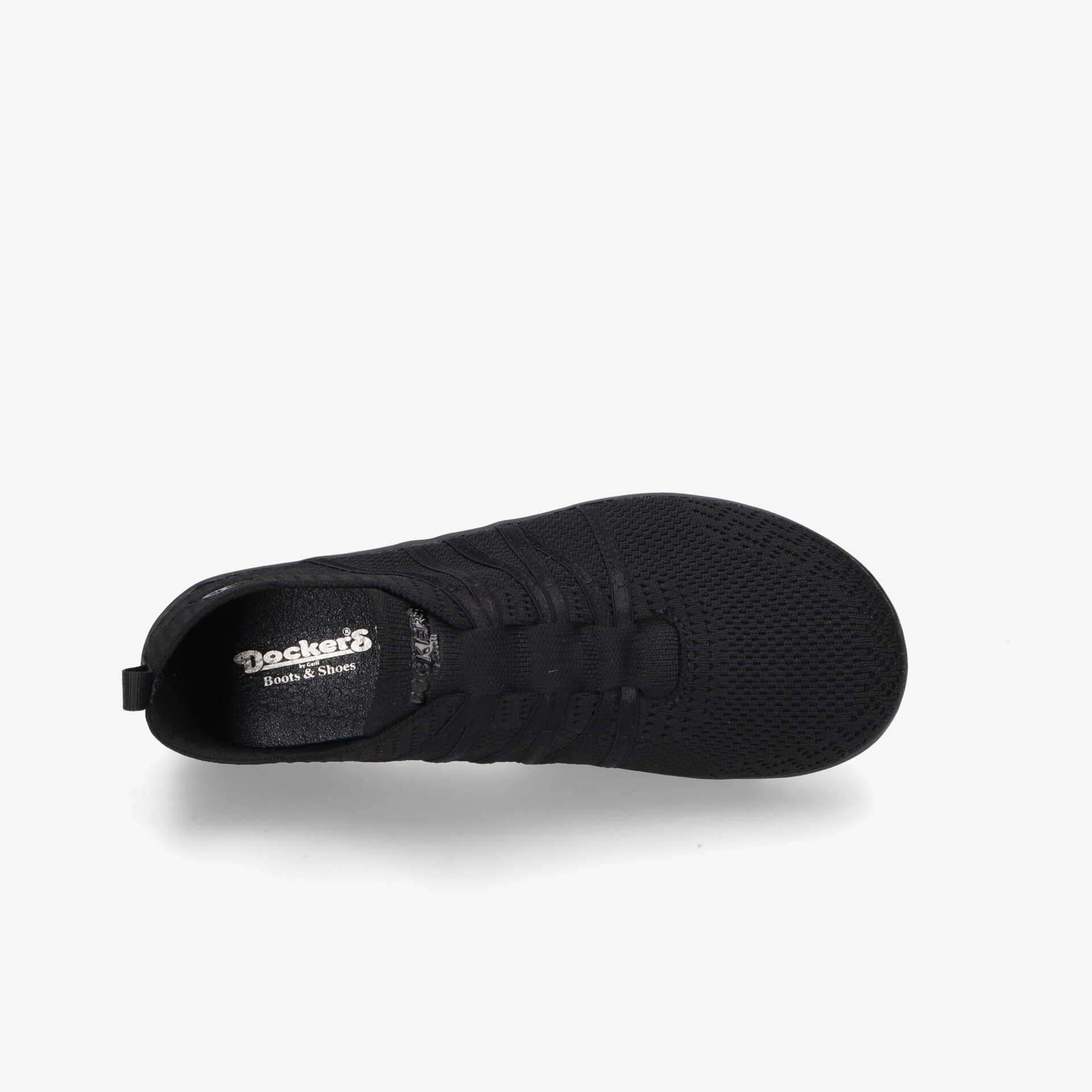 Leichter schwarzer Sneaker mit atmungsaktivem Material, flexibler Passform und rutschfester Sohle in Draufsicht