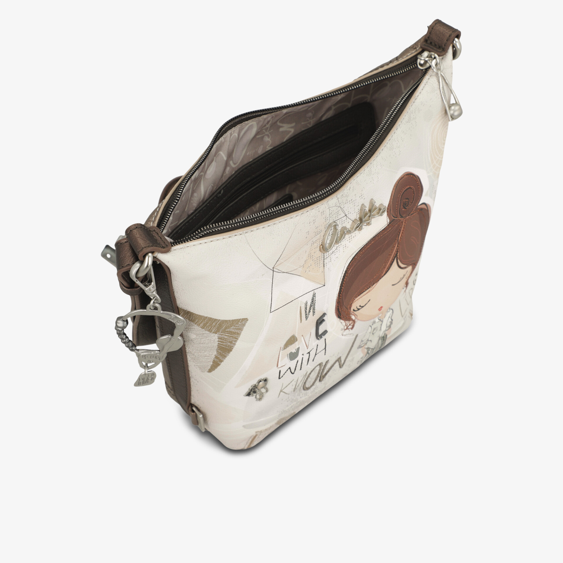 Kleine Tasche mit Reißverschluss und modischem bedrucktem Motiv, praktische Größe und Tragegriff