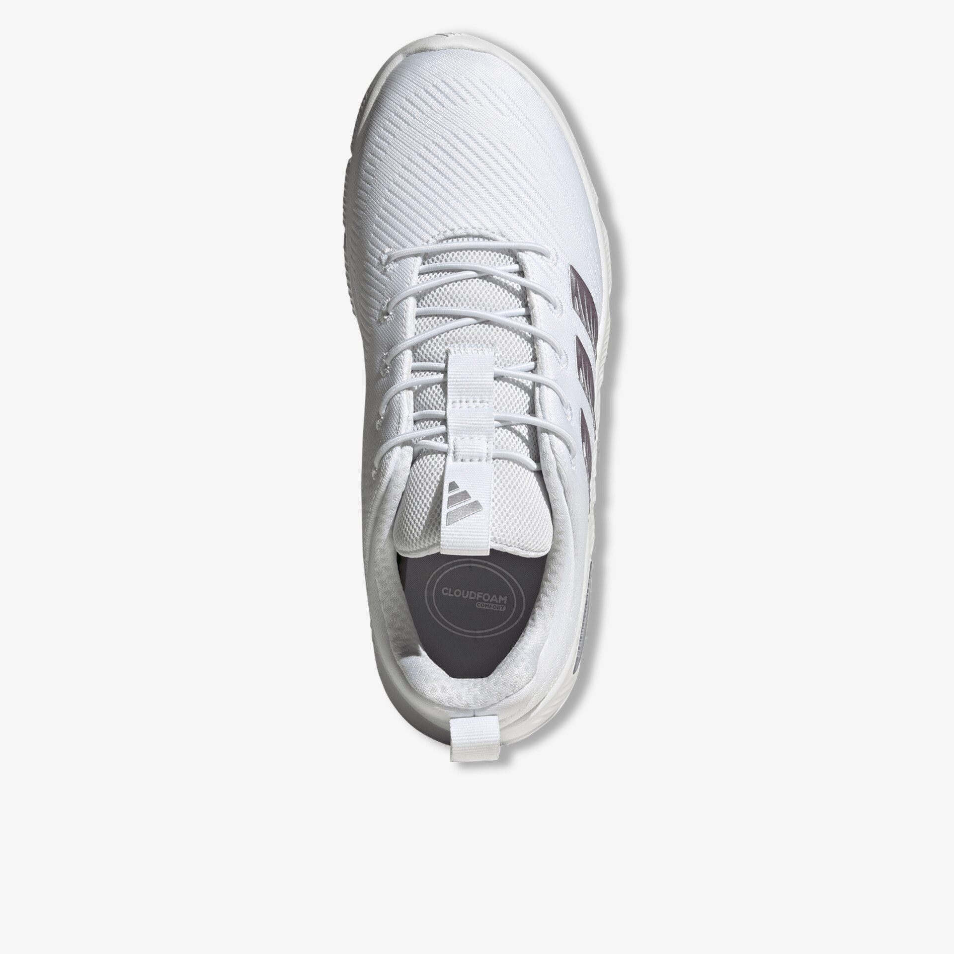 Weißer sportlicher Schuh mit schnürung, leichter atmungsaktiver Obermaterial, moderne Optik von oben