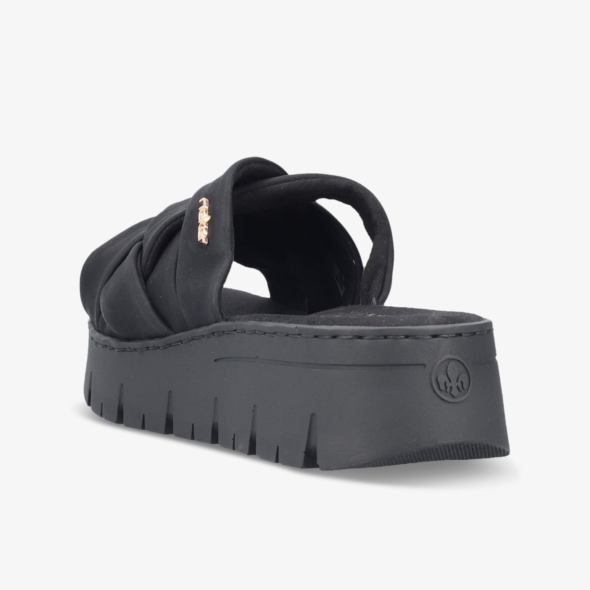 Schwarze Sandale mit dicker, leicht profilierter Gummisohle und gepolsterter Decksohle, seitliche Ansicht