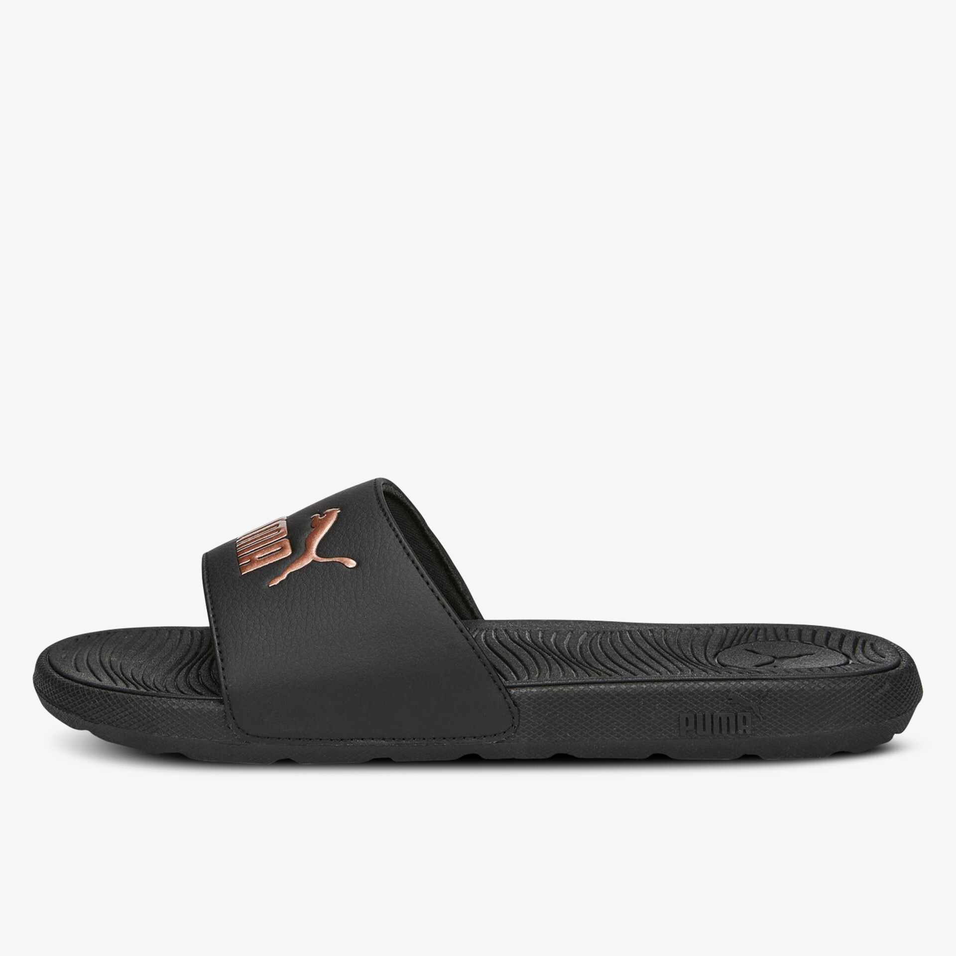 Seitenansicht eines robusten und komfortablen schwarzen Slides mit klassischem Design und rutschfester Sohle