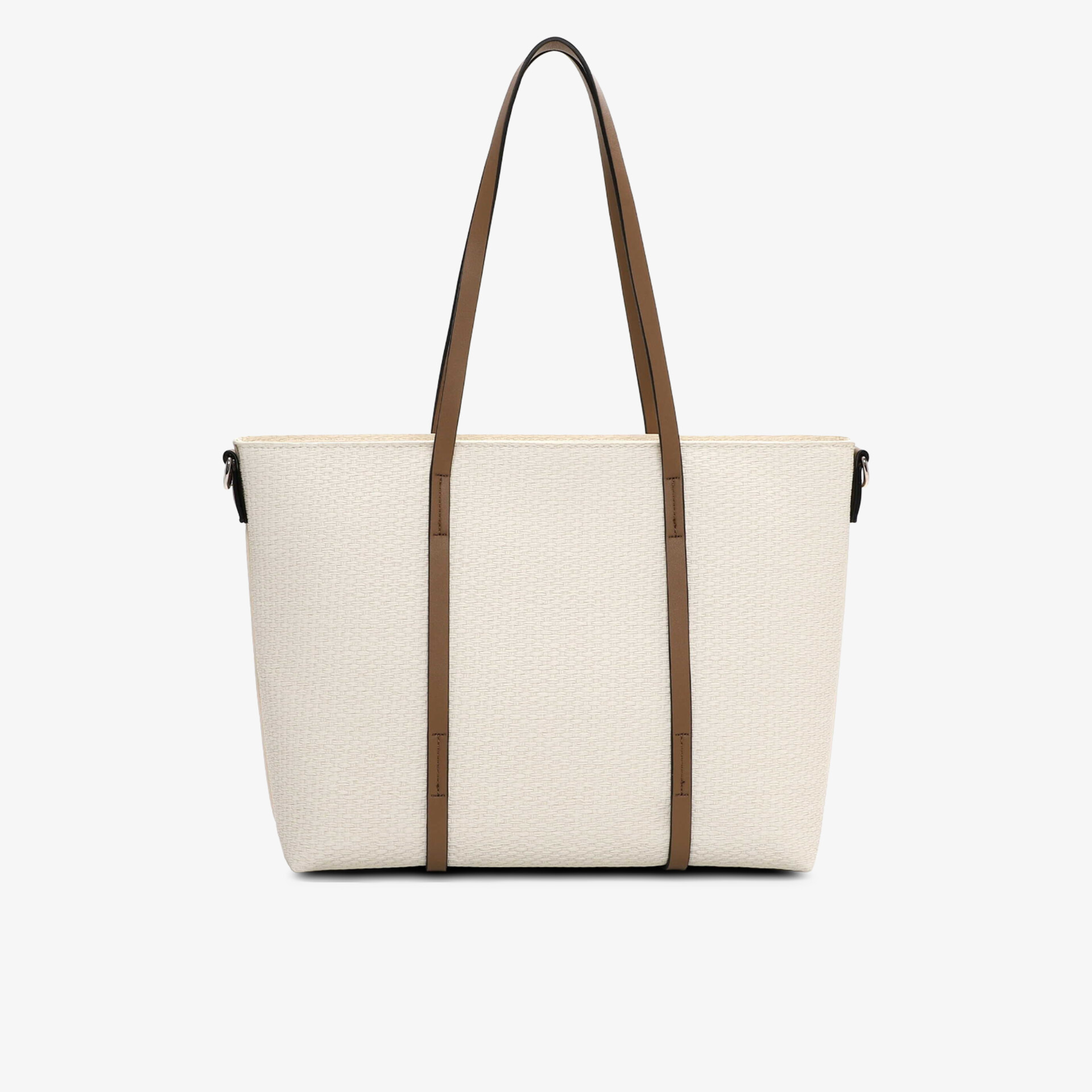 Große beige Tasche mit langen braunen Tragegriffen und schlichtem, geräumigem Design für den Alltag